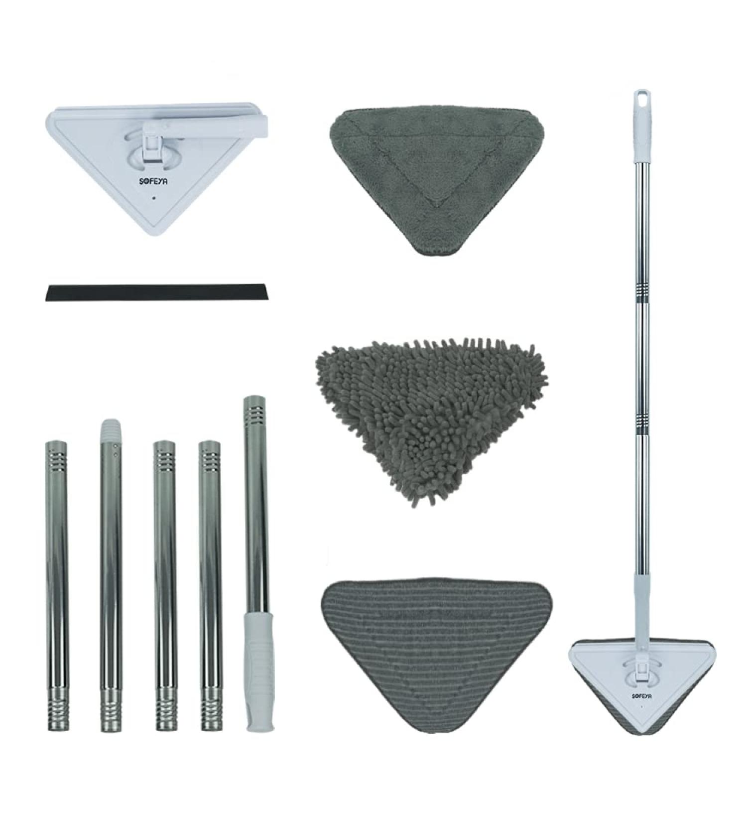 Sofeya Wall Mop Cleaner with Long Handle - Triangle Mop with Extension Pole for Walls, Ceilings, Windows - 3 Replacement Pads Included - Wet & Dry Use - Buy Online on GoSupps.com
