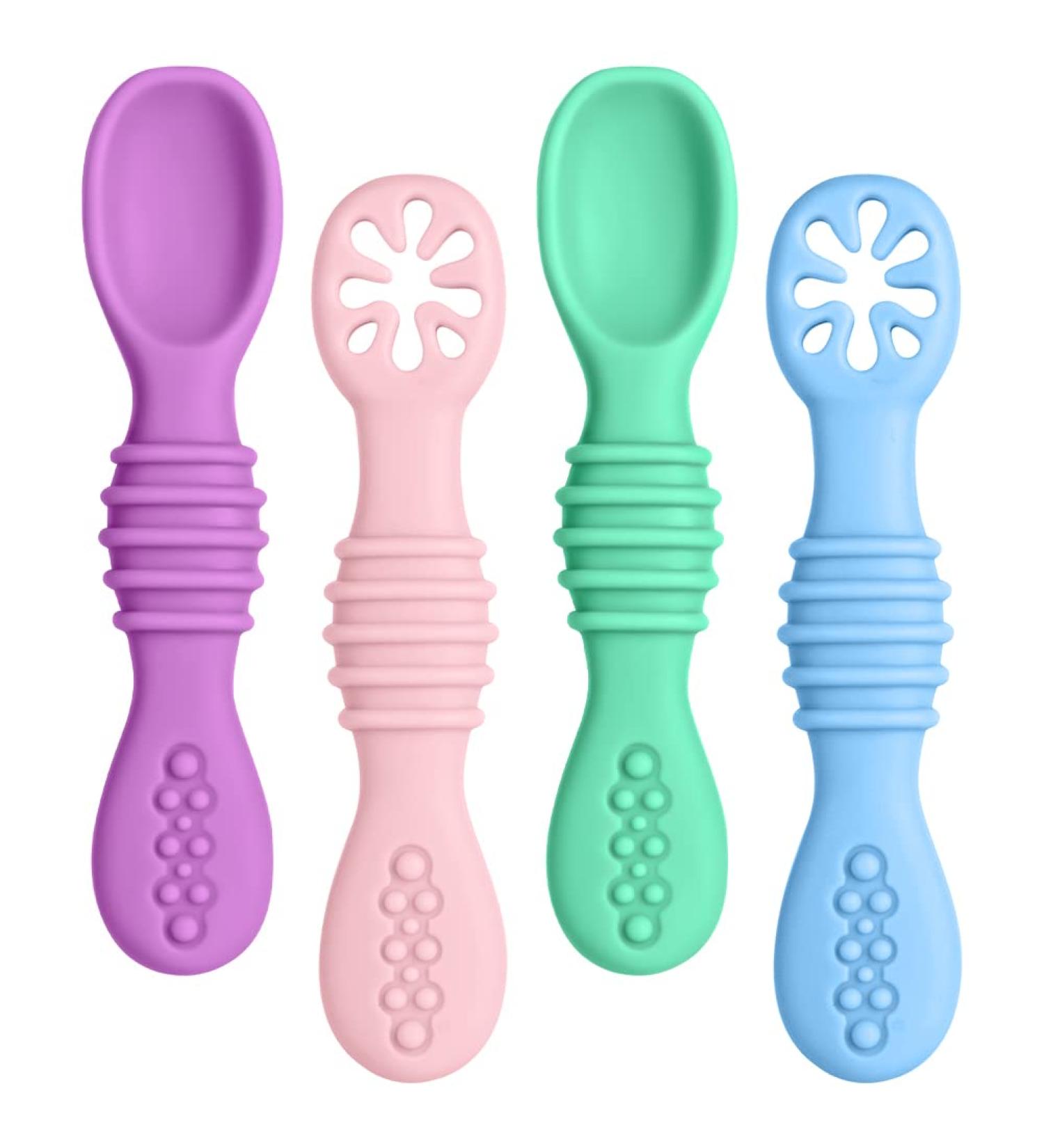 Vicloon Baby Fork and Spoon 4Pcs Set - Silicone Self Feeding Utensil for Infant Toddler - Easy Grip Soft Spoon Toddler Cutlery Kit - First Led Training Weaning - Blue/Pink/Purple/Green - Buy Online on GoSupps.com