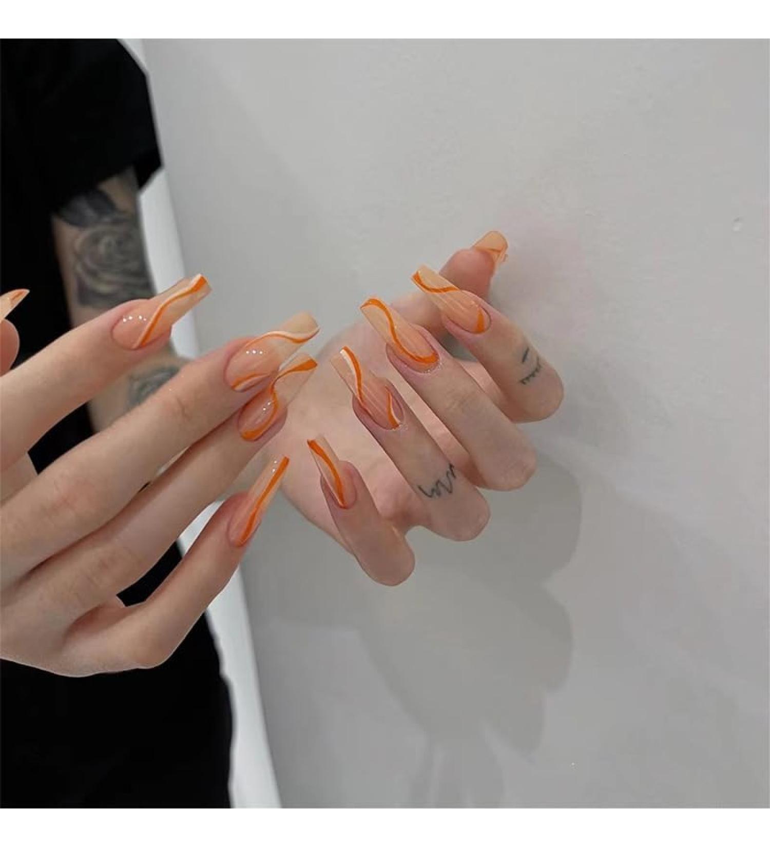 24Pcs/Set Press On Nails Ins Personalized Simple Line Long Style False Nails Acrylic Fake Nails Full Cover Nails Tips Artificial Finger Manicure Press on nails for Women and Girls - Buy Online on GoSupps.com