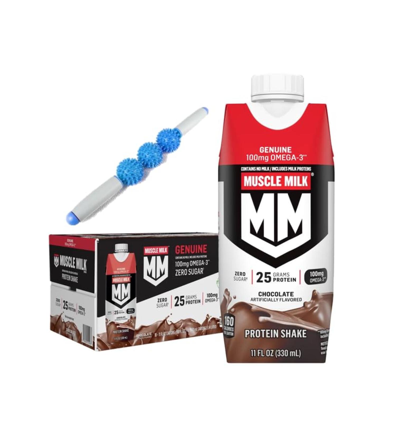 Muscle Milk Protein Shake - Chocolate Flavor - 18 Pack (11 oz each) - Zero Sugar No Milk 100 mg Omega-3 (DHA & ALA) Bonus Massage Roller Stick ( Color May Very ) - Buy Online on GoSupps.com