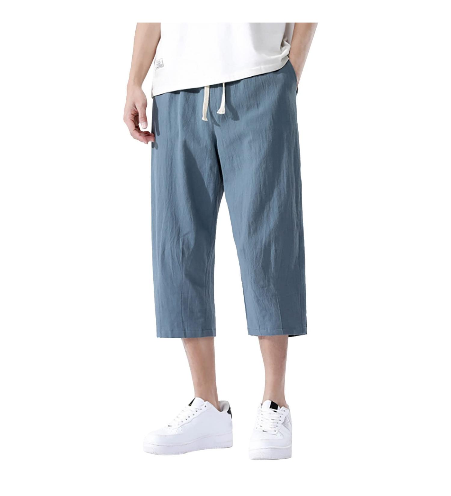CEWIFO Men's Light Loose 3/4 Fabric Trousers - Casual Beach Yoga Pants Elastic Waist & Wide Leg Ideal for Summer & Winter - XXL A1-Marine - Buy Online on GoSupps.com