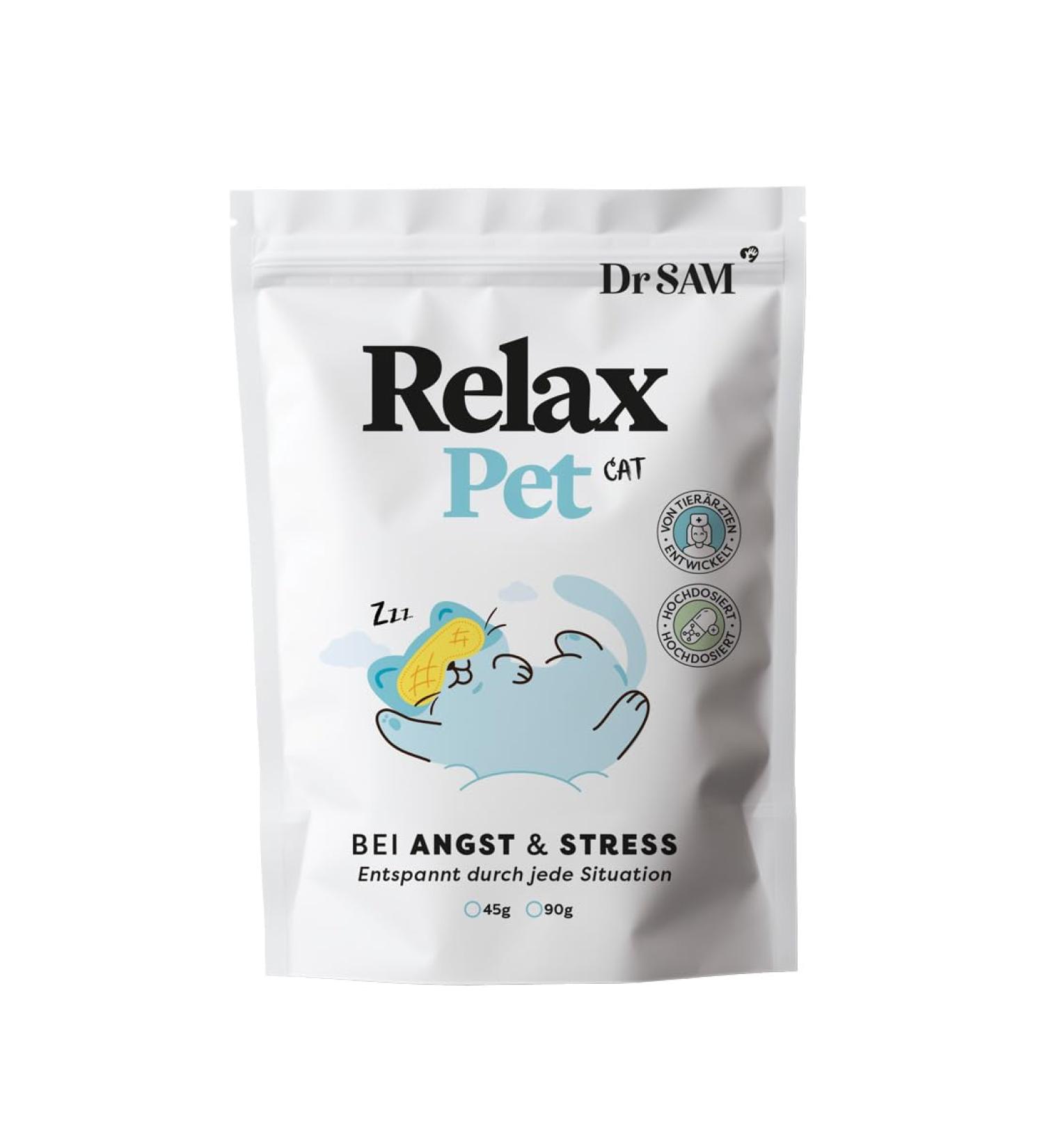 Dr. SAM RelaxPet Premium Stress Relief Powder for Cats - Natural Calming for Relaxation from Anxiety and Stress - Calming During Travel and Parties - Highly Dosed - 45g - Buy Online on GoSupps.com