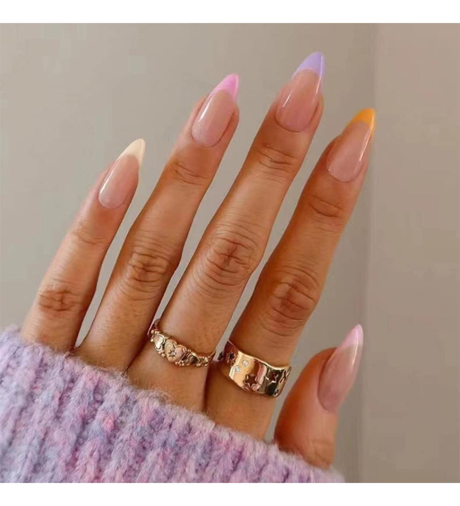 Sethexy Abstract Almond Shape False Nails - Multicolored French Press On Acrylic Nails (24 pcs) for Women & Girls - Buy Online on GoSupps.com