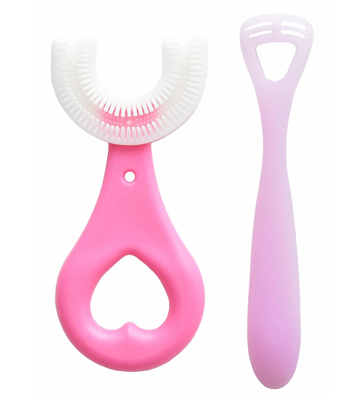Kids U Shaped Tooth Brush & Tongue Scraper Set - Safe & Soft for Ages 2-6 | Pink - Buy Online on GoSupps.com