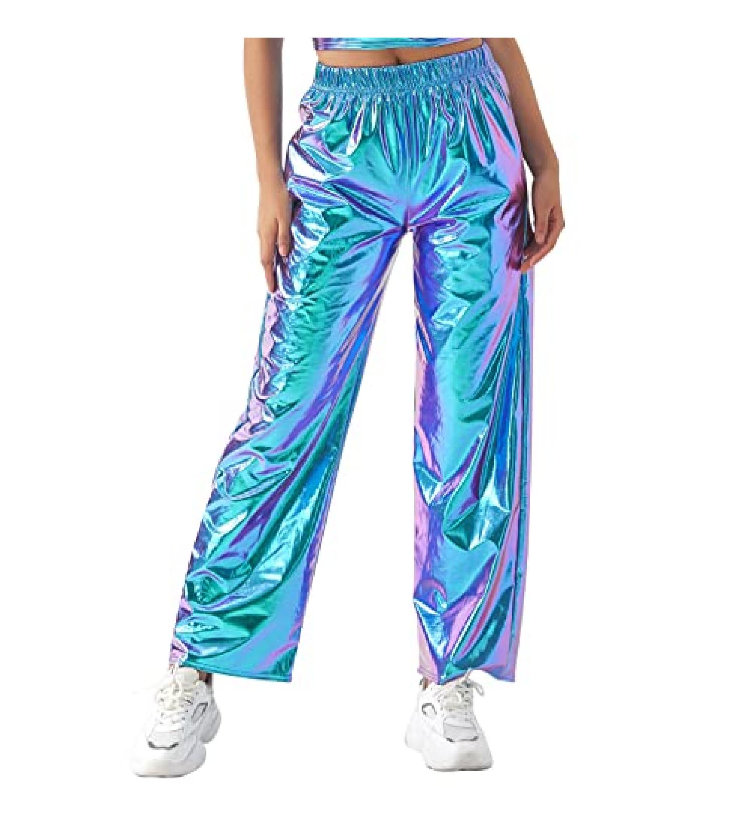 ODIZLI Womens Shiny Metallic High Waist Jogger Pants - Holographic Laser Blue Large - Buy Online on GoSupps.com