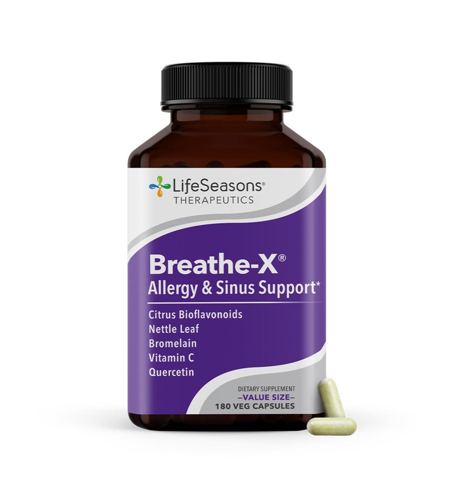 Breathe-X - Allergy & Sinus Relief Supplement - Supports Sinuses & Nasal Discomfort - Non-Drowsy & Fast-Acting - Quercetin Bromelain Citrus Bioflavonoids Nettle Leaf & Vitamin C - 180 Capsules 180 Count (Pack of 1) Original