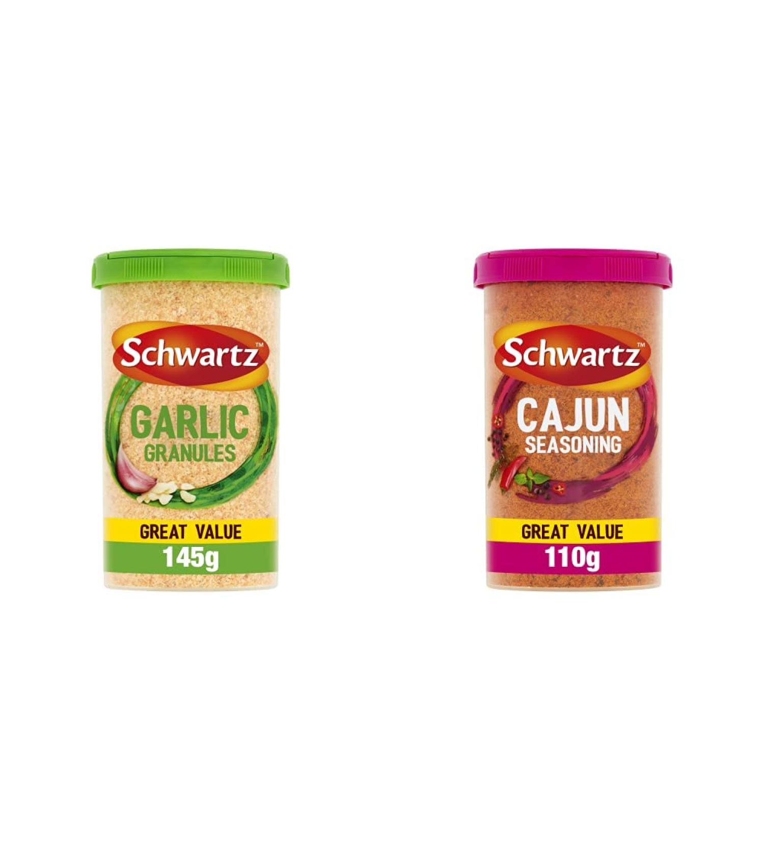 Schwartz Garlic Granules Drum 145g & Cajun Seasoning Drum 110g + Cajun Seasoning Drum 110g - Buy Online on GoSupps.com