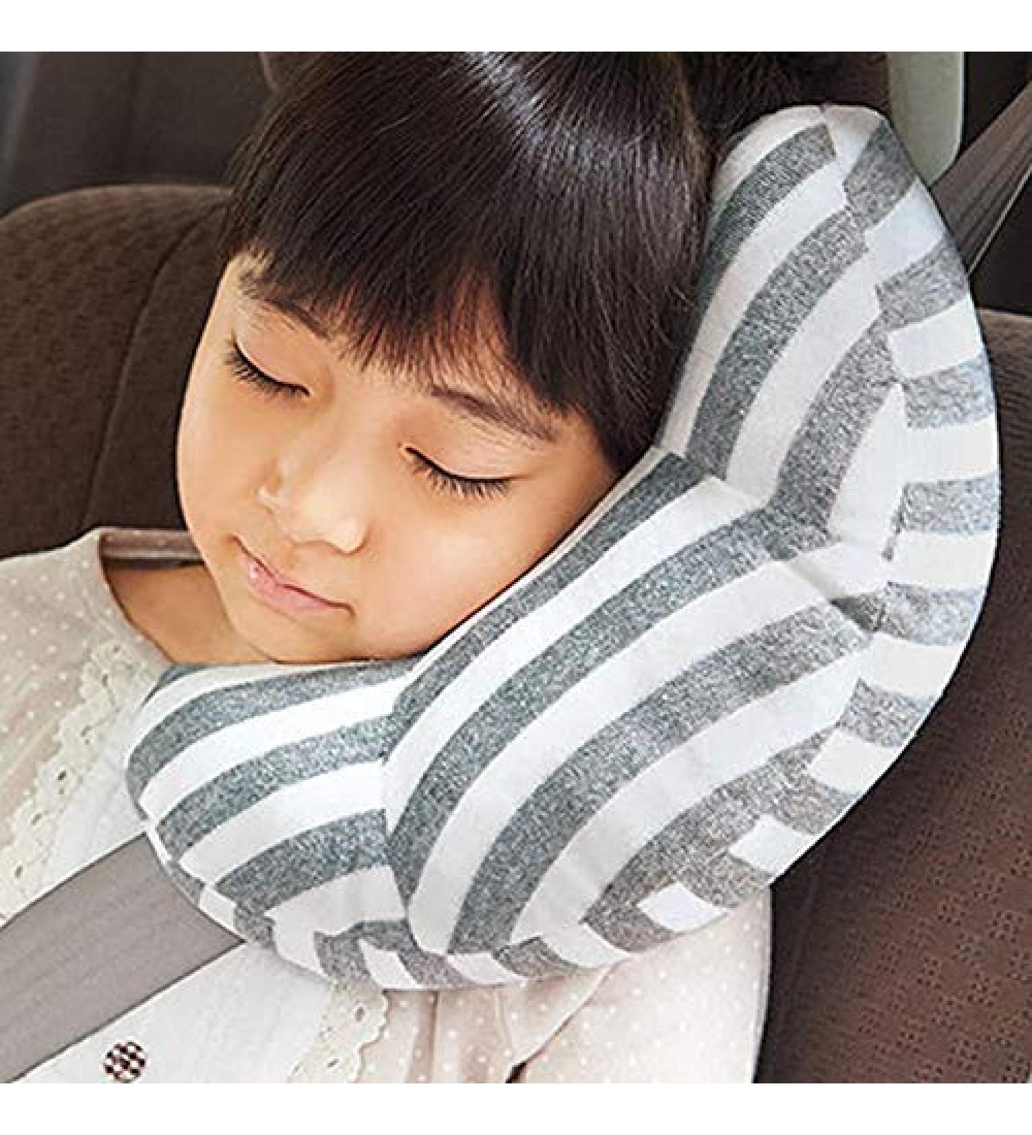 Qchomee Kids Car Travel Pillow | Seat Belt Cushion Head Neck Support | Grey Stripes | Car Seat Headrest for Children - Buy Online on GoSupps.com