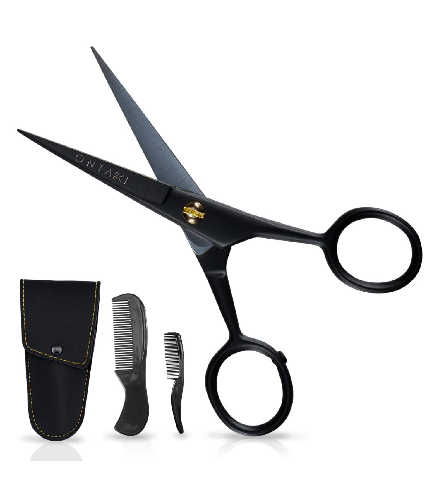 ONTAKI 5 - Professional German Beard & Mustache Scissors with Comb & Carrying Pouch - Hand Forged with Bevel Edge for Precision Grooming - Mens Facial Hair Kit (Black) - Buy Online on GoSupps.com