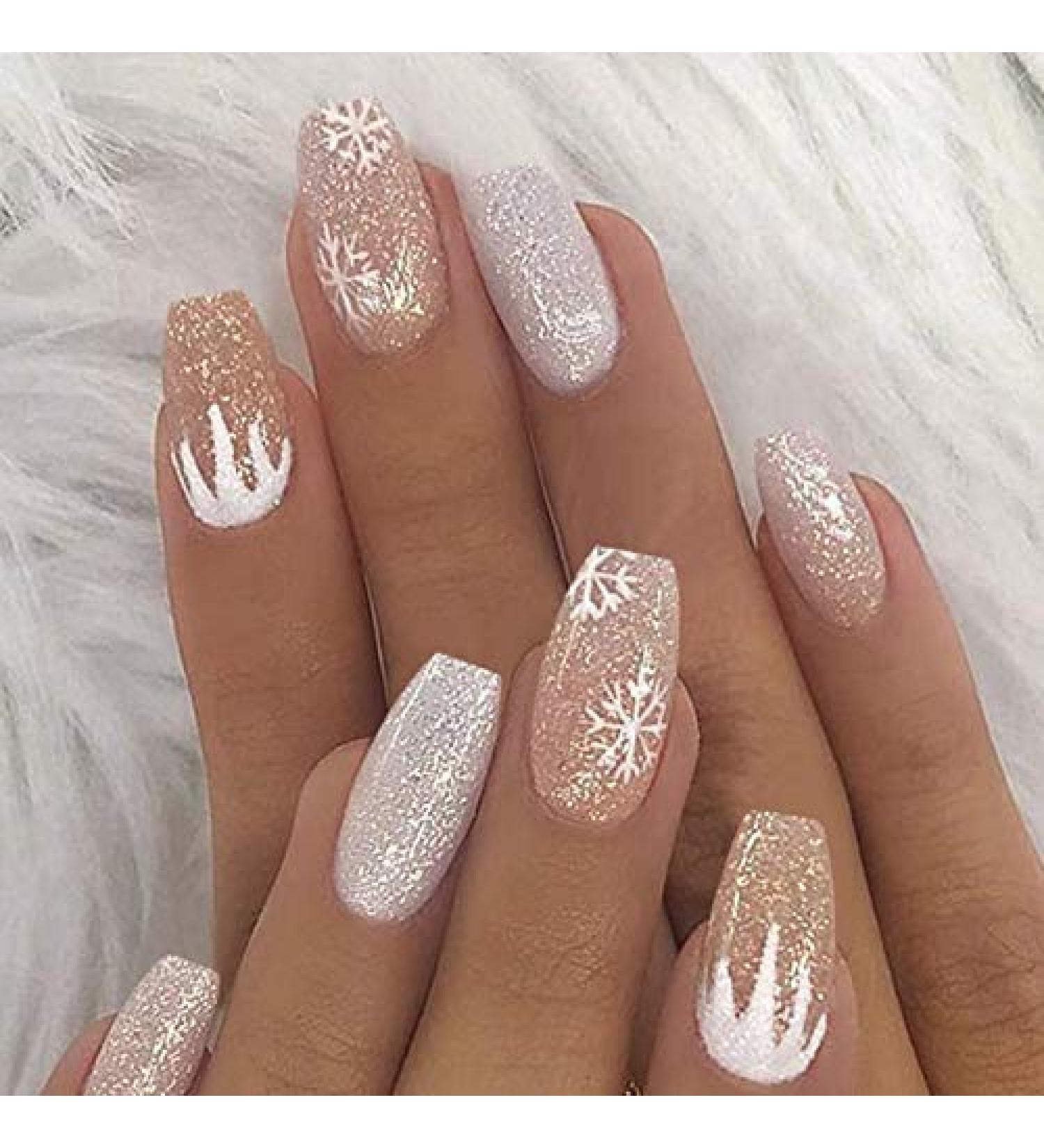 Brishow Glitter Short Ballerina Press-On Nails - 24 Pcs Artificial Fake Nails for Women & Girls | Snow Acrylic Design - Buy Online on GoSupps.com