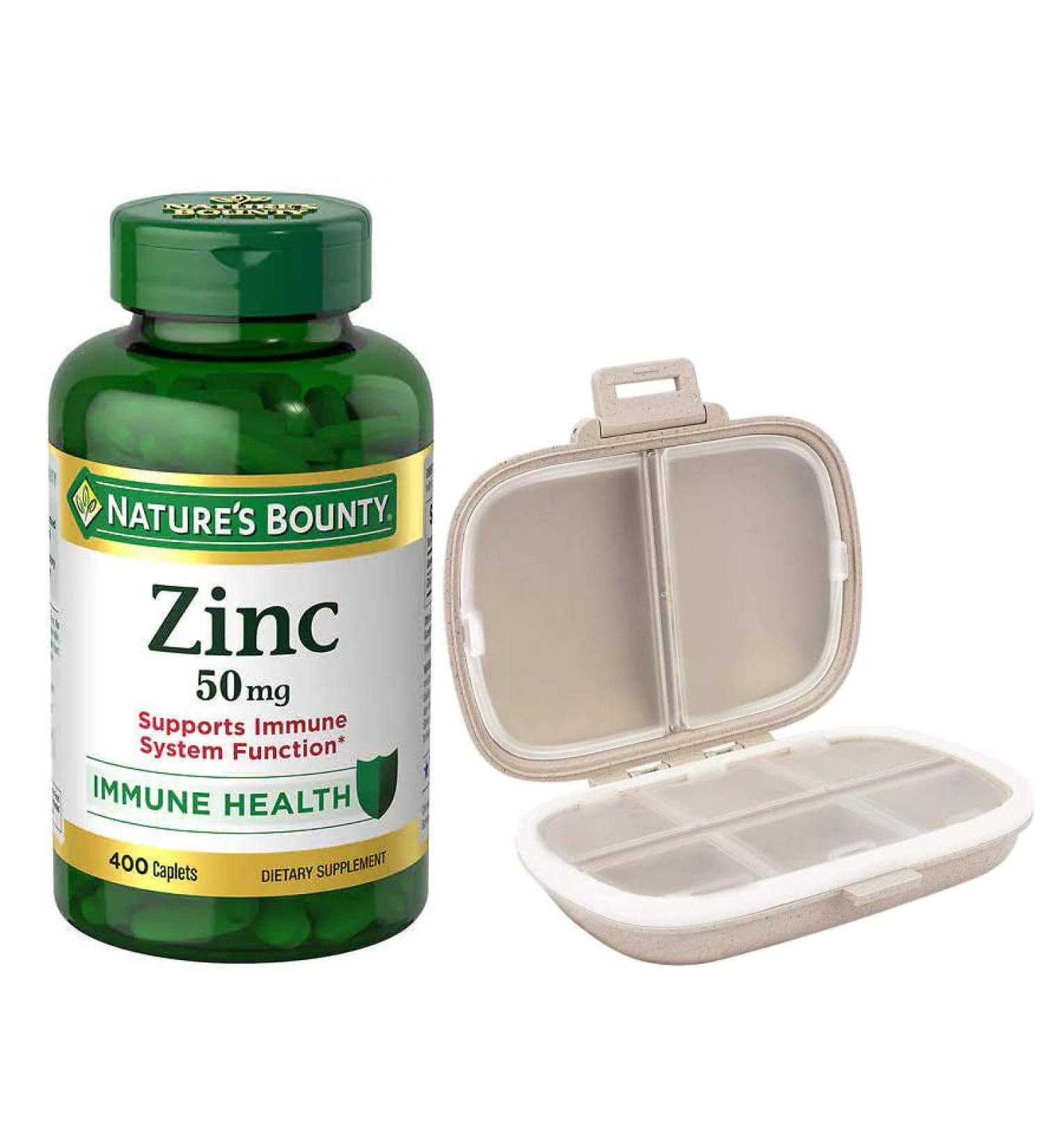 Buy Natures Bounty Zinc 50 mg - 400 Caplets + Travel Pill Organizer - 8 Compartment Portable Case in Khaki | International Shipping Available - Buy Online on GoSupps.com