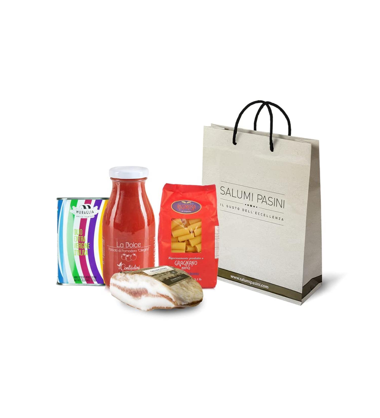 Salami Basini Receptenset Pasta allamatriciana half bacon rigatoni Pasta Tomatensaus en Extra Virgin Olijfolie Pasini cured meats - Buy Online on GoSupps.com