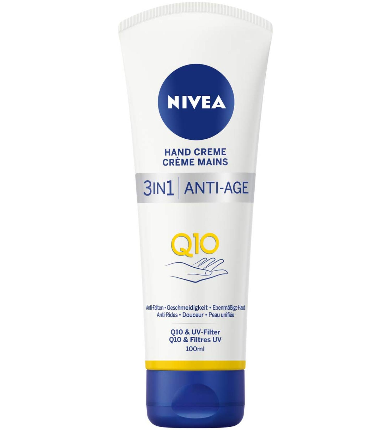 NIVEA 3-in-1 anti-ageing Q10 hand cream (100 ml) hand care helps reduce wrinkles skin cream with UV filter for normal to dry hands Anti-ageing hand cream - Buy Online on GoSupps.com