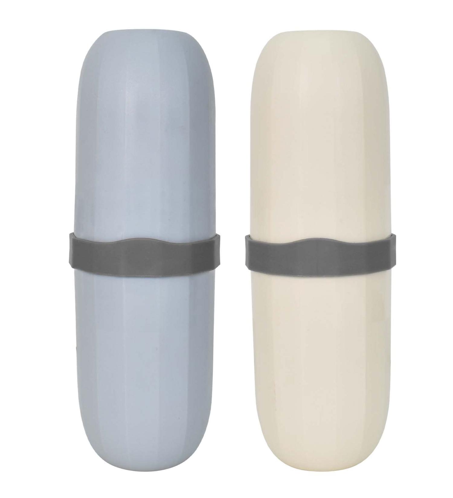 Portable Travel Toothbrush Cup Set - 2 PCS Water Cups & Holders for Camping Hiking Business Trips - Blue & Apricot - Buy Online on GoSupps.com