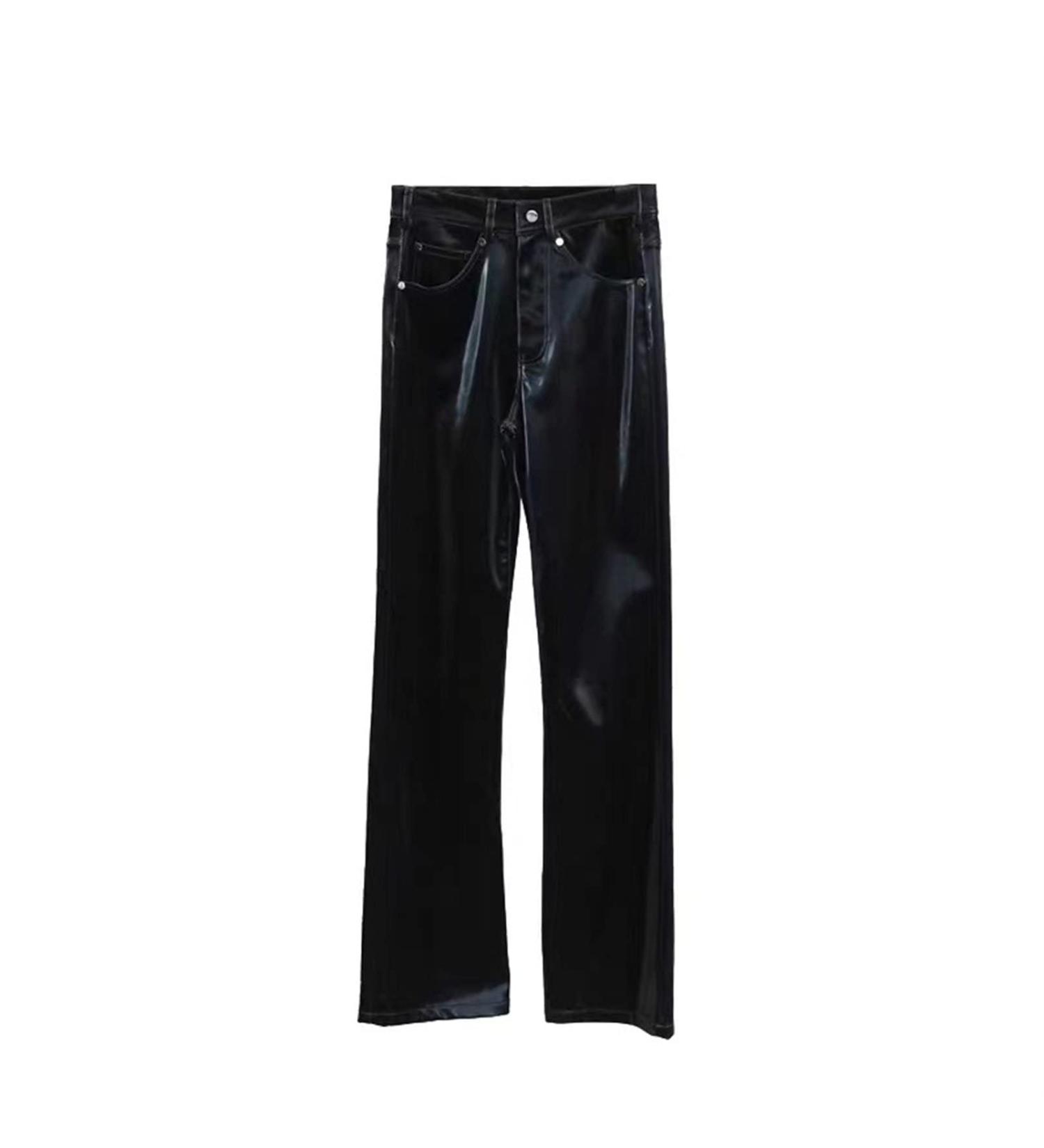 Soluo Women Comfor PU Straight Leg Pants High Waisted Elastic Faux Leather Wide Leg Pants Casual Streetwear Trousers Black X-Small - Buy Online on GoSupps.com