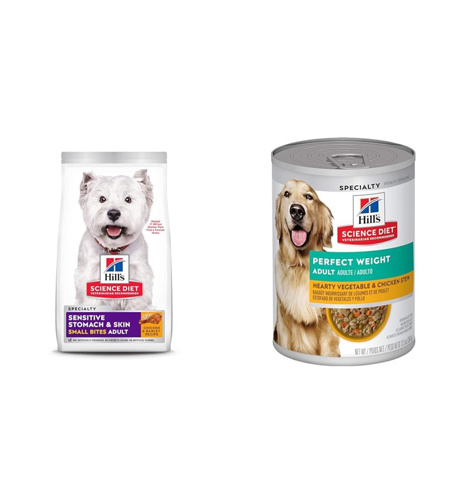 Hill's Science Diet Adult Sensitive Stomach & Skin Small Bites Dry Dog Food Chicken Recipe & Adult Perfect Weight Vegetable & Chicken Stew Canned Dog Food for healthy weight 12.5 oz 12 Pack - Buy Online on GoSupps.com