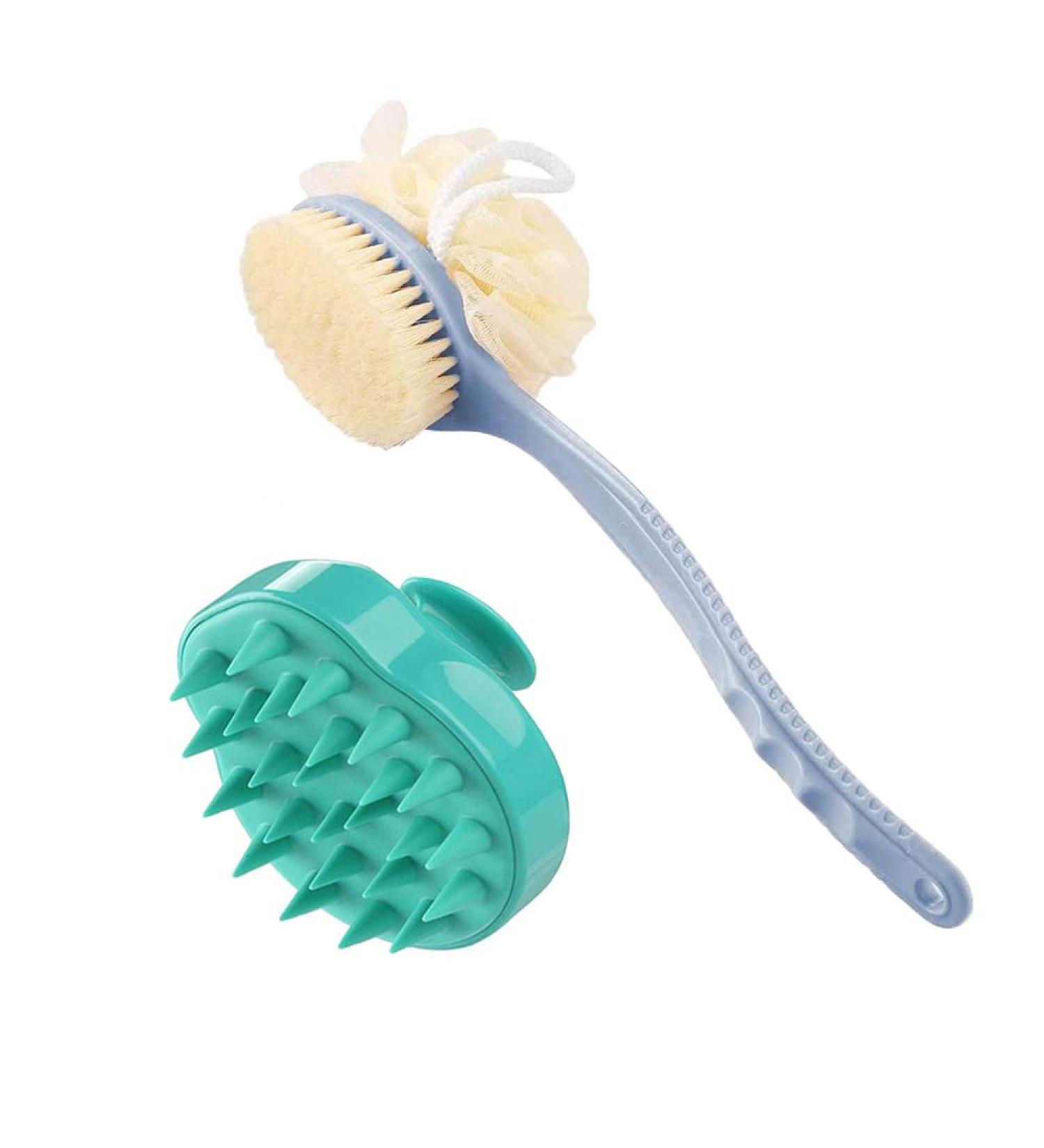 Long Handle Shower Back Scrubber with Bristle & Loofah | Hair Scalp Massager Shampoo Brush | Body Scrubber for Women Men & Pets - Blue - Buy Online on GoSupps.com