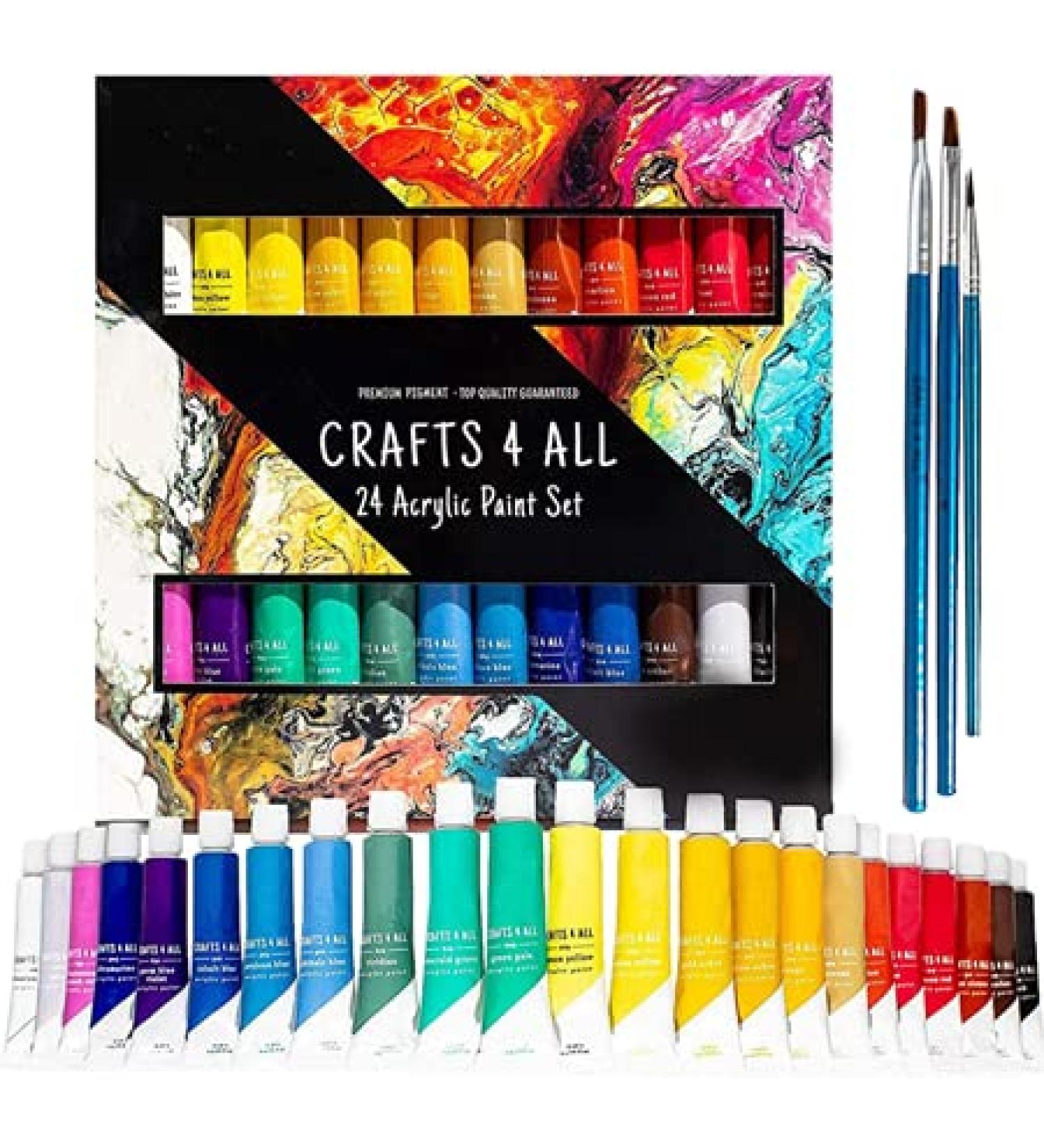 Crafts 4 All Acrylic Paint Set - 24-Pack of 12mL Paints for Canvas, Wood & Ceramic with 3 Art Brushes - Non-Toxic Craft Paint - Stocking Stuffers for Girls and Boys - Buy Online on GoSupps.com