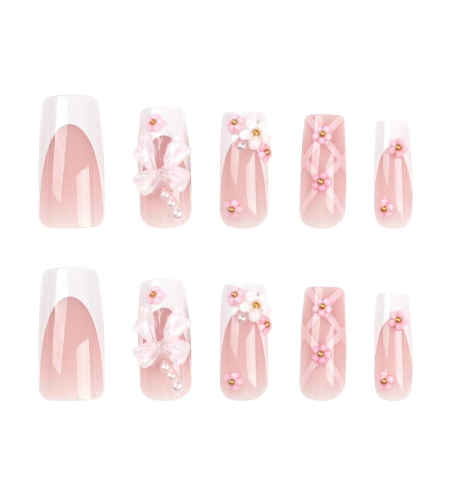 TQUXNGA Press on Nails Medium Long Craft False Nails Square 3D Flower Bowknot French Artificial Nails Finger Manicure Kit included - Buy Online on GoSupps.com