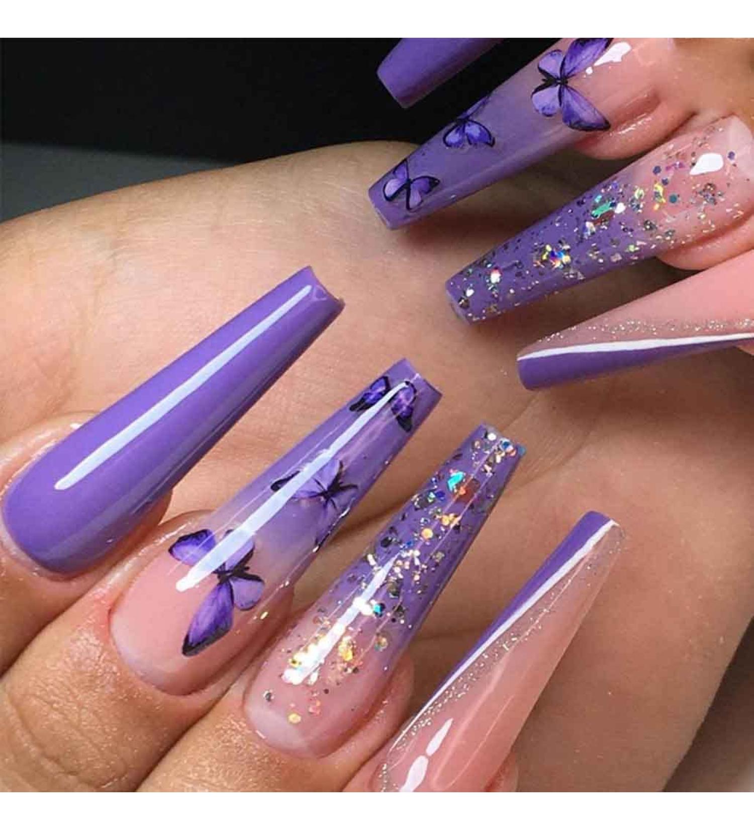 Foccna Purple Butterfly Press on Nails - 24pcs Long Bling Rhinestone False Nail Tips for Women and Girls - Buy Online on GoSupps.com