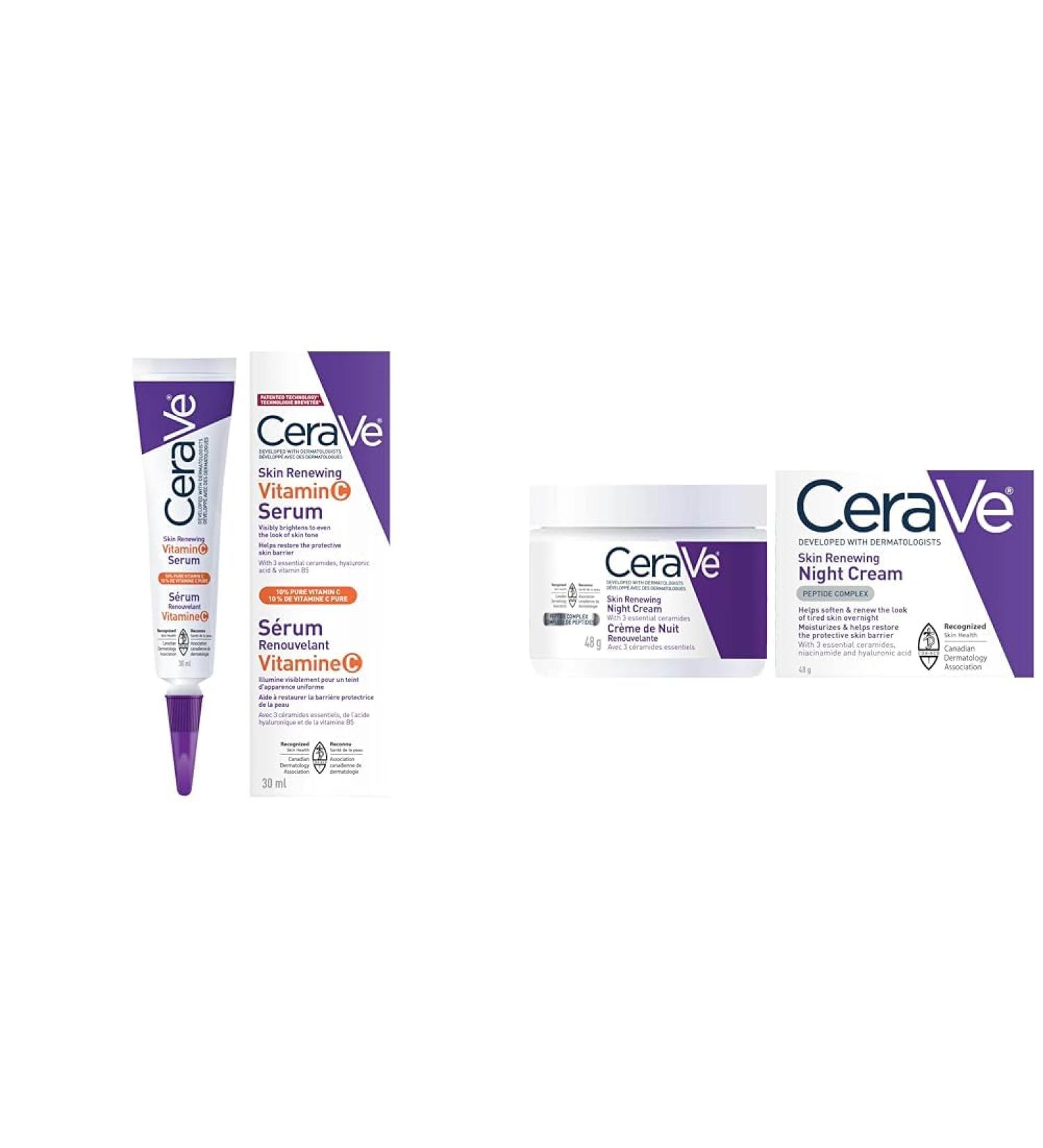 CeraVe Skin Renewing Vitamin C Serum with 10% Pure VITAMIN C for Face With Hyaluronic Acid & Night Cream for Face Skin Renewing Moisturizer for Men & Women With Hyaluronic Acid - Buy Online on GoSupps.com