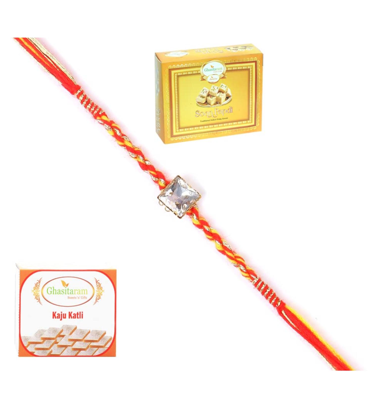 Ghasitaram Gifts Rakhi for Brother Rakhis Online - 6371 Fancy Thread Rakhi with 200 GMS of Kaju katli and 200 GMS of Soan Papdi Rakhi with 200 gms of Kaju katli and Soan Papdi - Buy Online on GoSupps.com