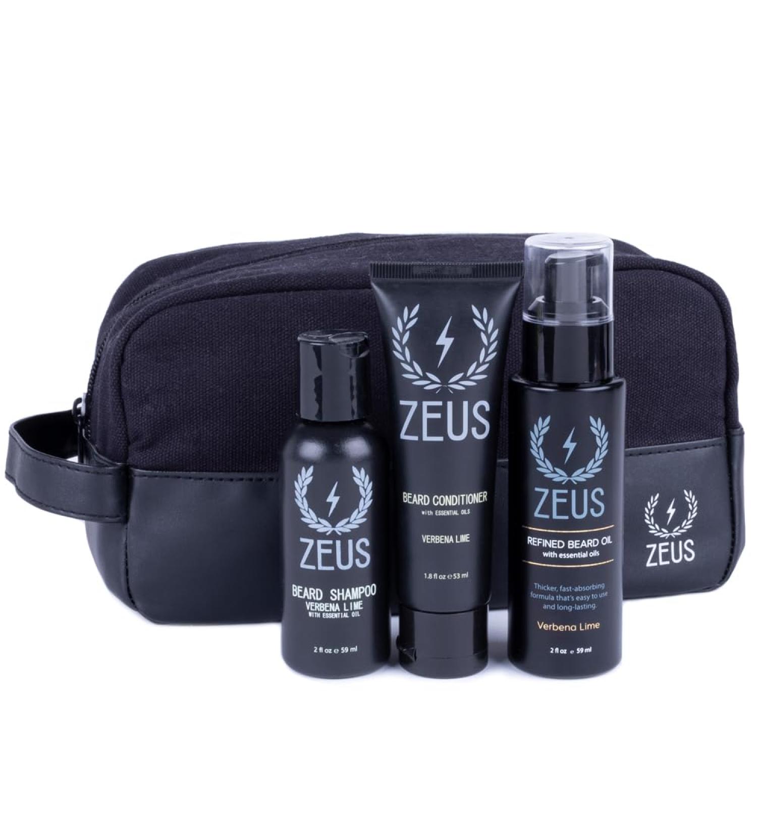 ZEUS Refined Essential Beard Care Kit - Beard Wash Conditioner Oil & Travel Bag - Verbena Lime - Made in USA - Buy Online on GoSupps.com