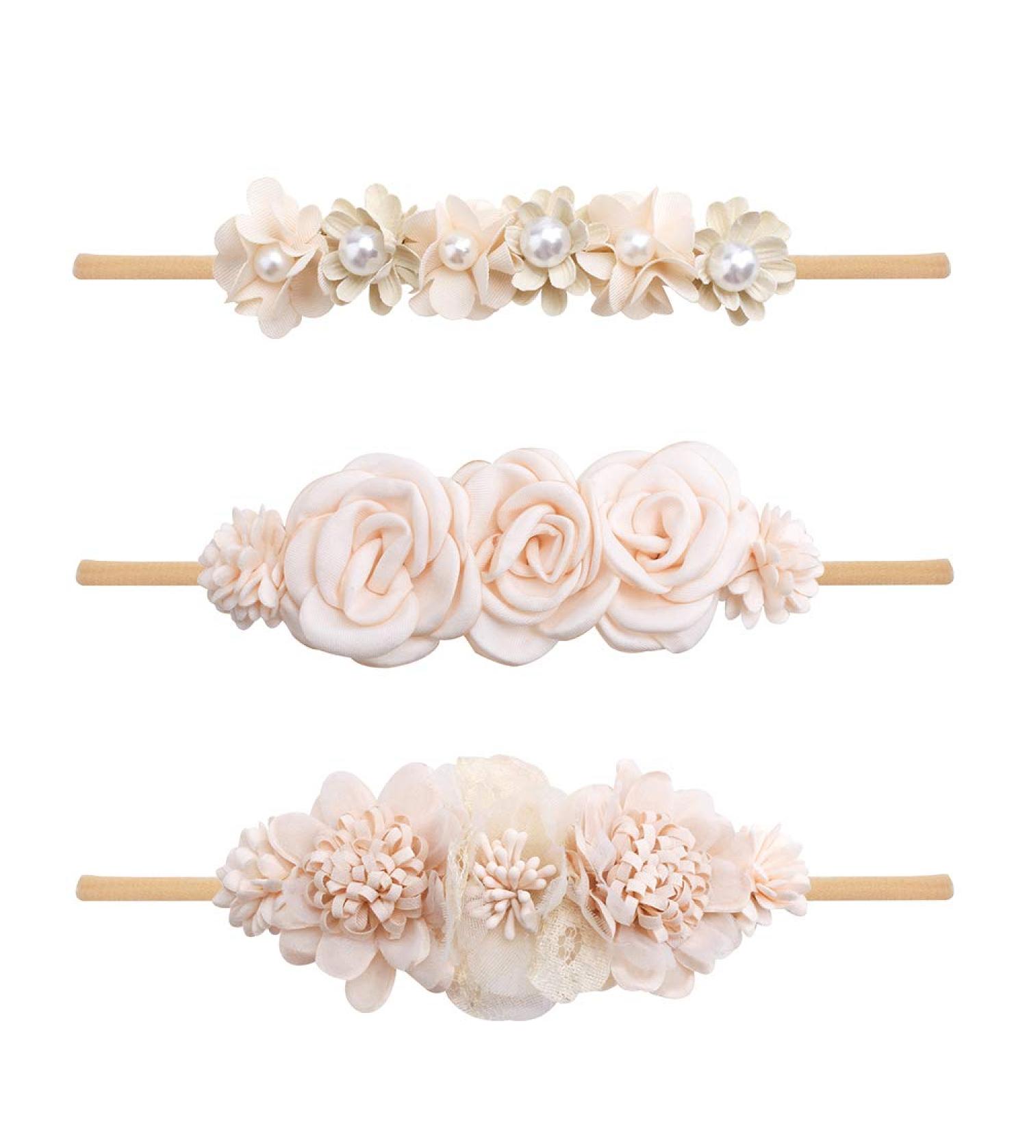 Baby Girl Flower Headbands Set - 3Pcs Elastic Hair Band Crown Wraps for Newborn Infant Toddler by mligril (Beige) - Buy Online on GoSupps.com