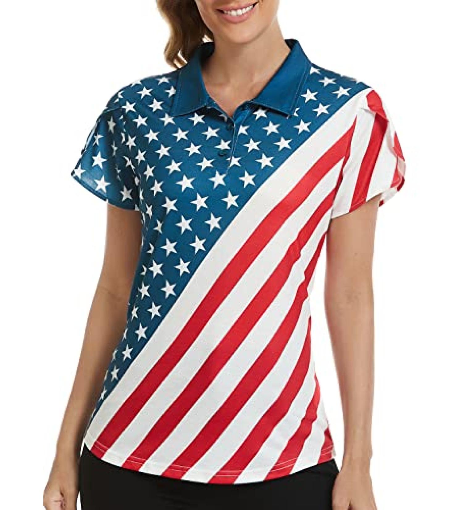 VALANCH Women's Short Sleeve Golf Polo Shirt - Lightweight Tennis Apparel with Large American Flag Print - Buy Online on GoSupps.com