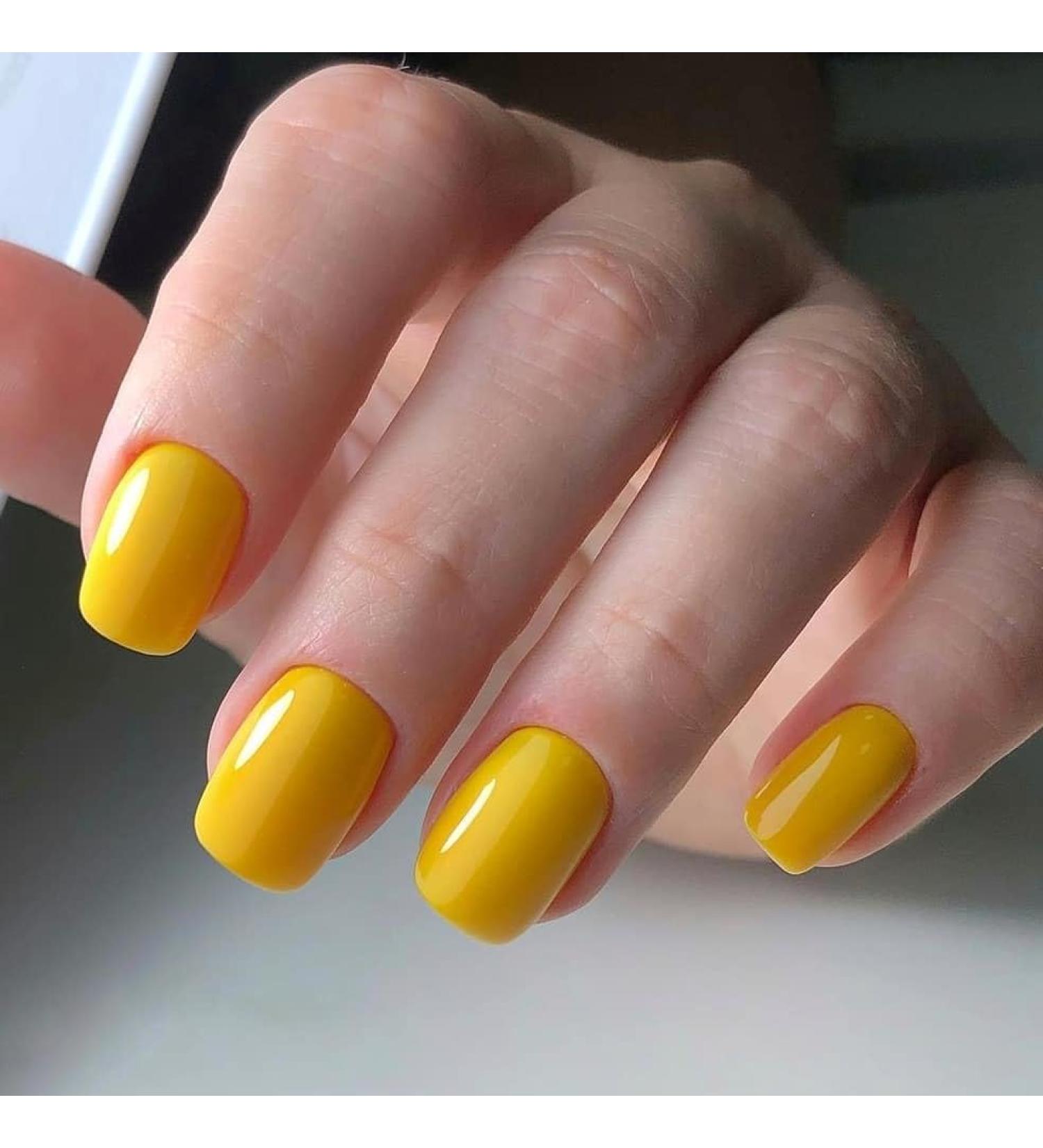 Short Lemon Yellow Press On Nails - 24PCs Solid Dark Color Glue On Fake Nails - Medium Square Shape - Buy Online on GoSupps.com