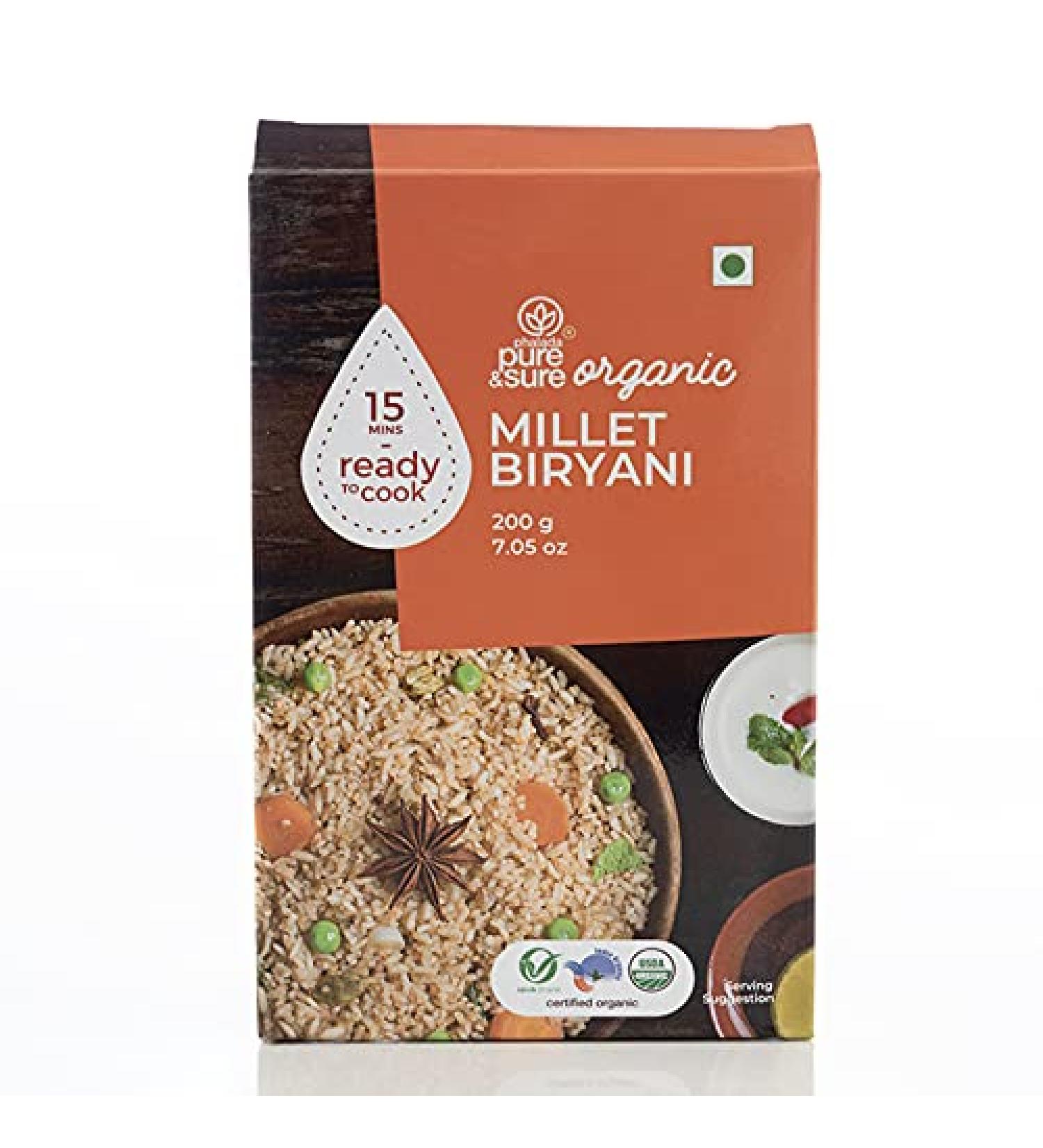 Pure and Sure Organic Millet Biryani - Tasty Indian Meals | High Protein Breakfast Essentials | Vegetarian, Non GMO, No Preservative | 200gm - Buy Online on GoSupps.com