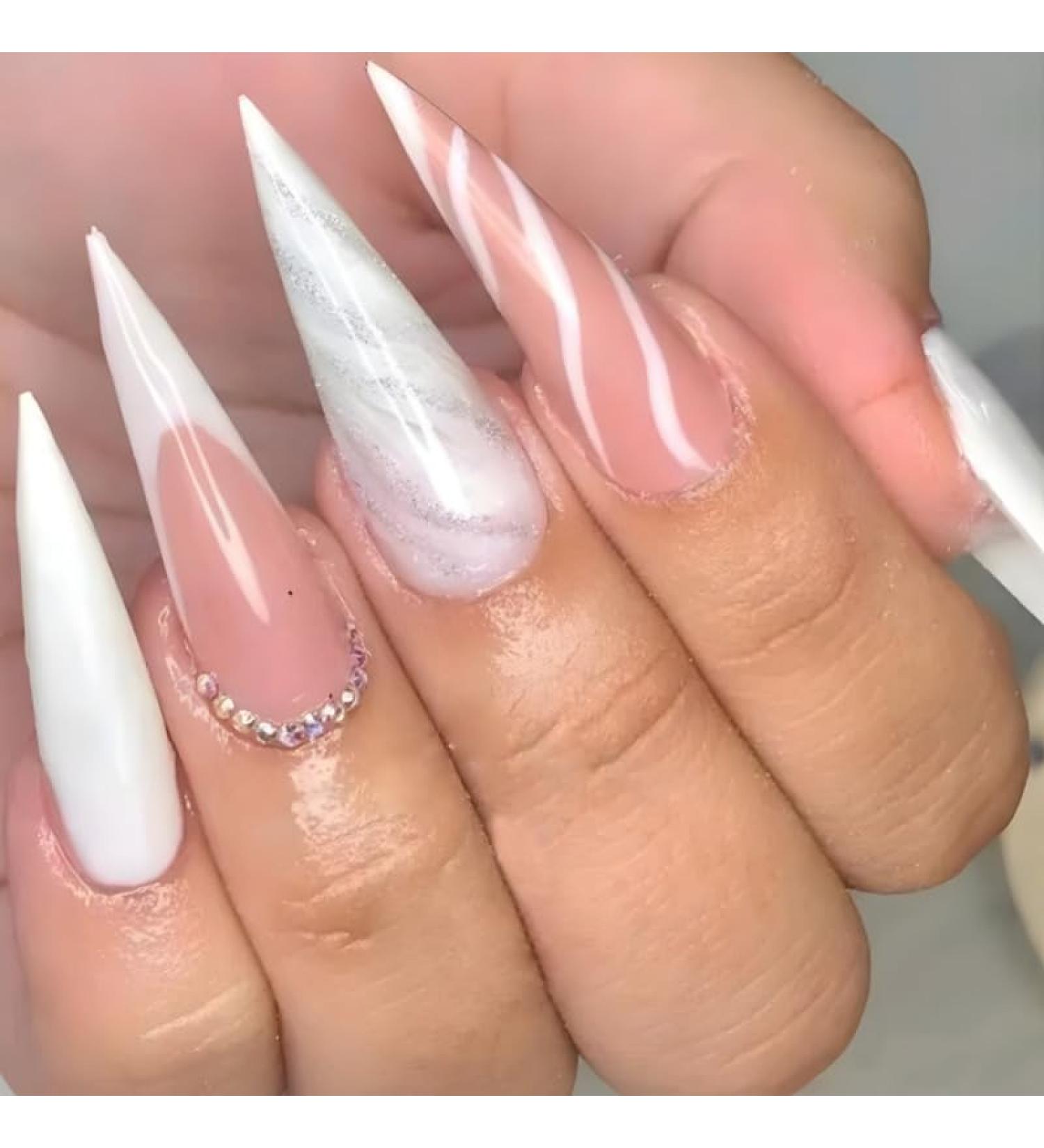 Long pointed tip French Tip Press on Nails with Nail Tips Pink and White striped Fake Nails press on nails Acrylic False Nails Cute Artificial Nails - Buy Online on GoSupps.com