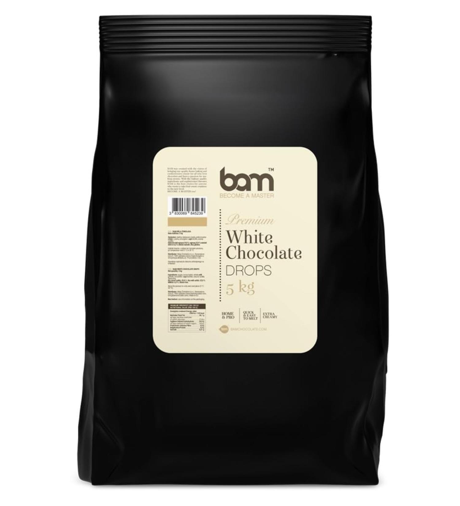 BAM become a master BAM White Chocolate Drops 5 kg Premium Baking Chocolate with Creamy Milk Flavor Perfect for Ganaches Mousses Ice Cream & Decorations Gluten Free - Buy Online on GoSupps.com