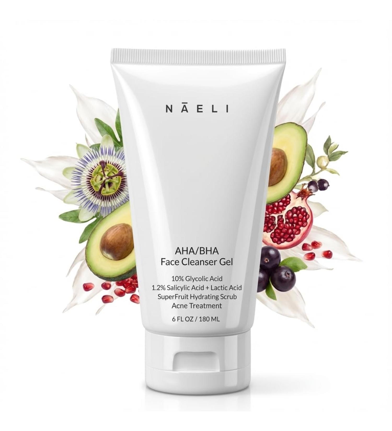 NAELI AHA/BHA Exfoliating Face Wash - 10% Glycolic Acid & Salicylic Acid Cleanser Anti Aging Acne & Wrinkle Reducing Facial Exfoliant Pore Minimizer & Brightening Gel 6 oz 6 Fl Oz (Pack of 1) - Buy Online on GoSupps.com