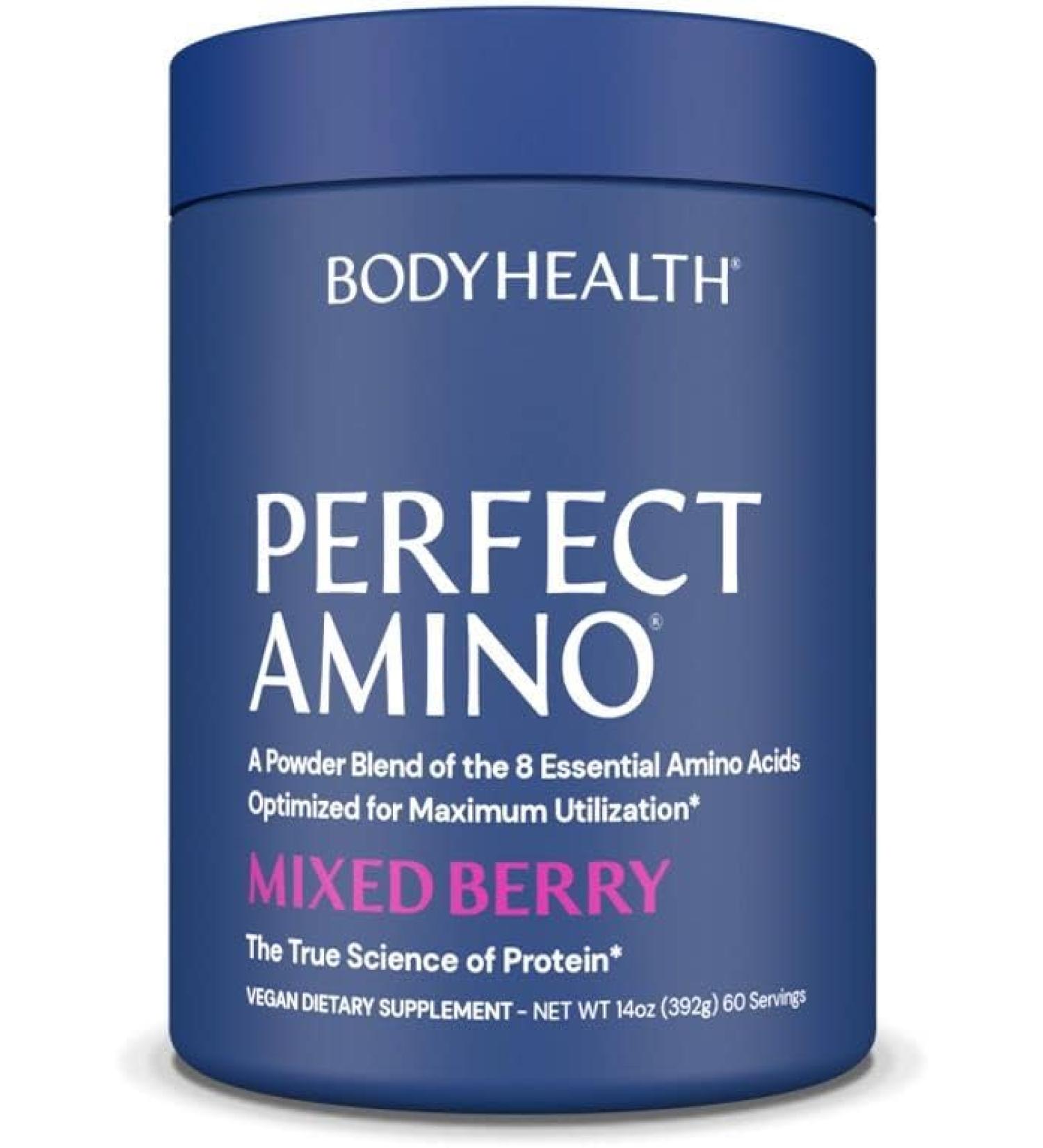 BodyHealth PerfectAmino XP Mixed Berry - Best Pre/Post Workout Recovery Drink with 8 Essential Amino Acids and 50% BCAAs - 100% Organic Energy Supplement - 99% Utilization - 60 Servings - Buy Online on GoSupps.com