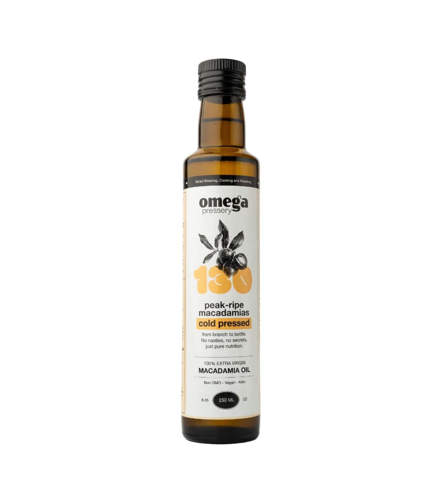Omega Pressery Extra Virgin Macadamia Oil - 250ml | Cold Pressed Unrefined Unblended | Bottled in UK | 100% Natural & Pure Macadamia Cooking Oil | Used for Cooking Salad Dressing & Roasting - Buy Online on GoSupps.com
