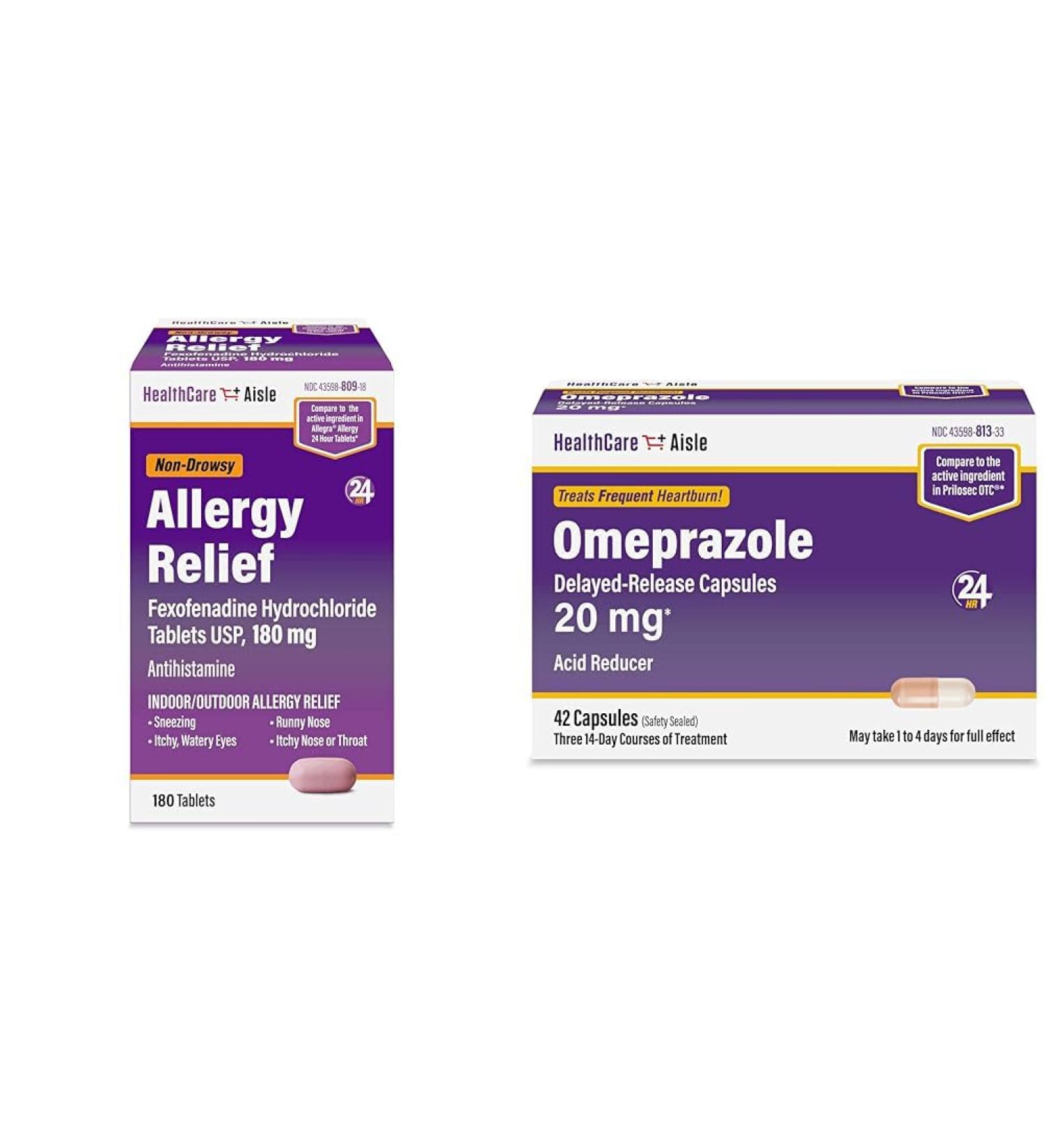 HealthCareAisle Allergy Relief - Fexofenadine Hydrochloride Tablets USP 180 mg 180 Tablets & Omeprazole 20 mg 42 Delayed-Release Capsules - Acid Reducer - Buy Online on GoSupps.com