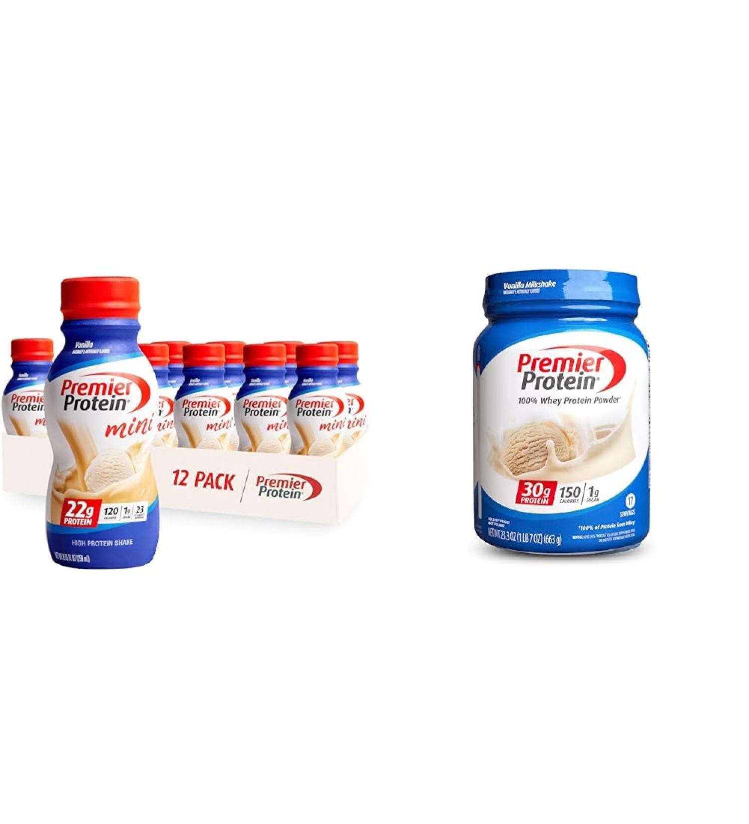 Premier Protein Shake MINIs Vanilla 22g Protein 120 Calories Pack of 12 & Powder Vanilla Milkshake 30g Protein 17 Servings 23.3 Ounces - Buy Online on GoSupps.com