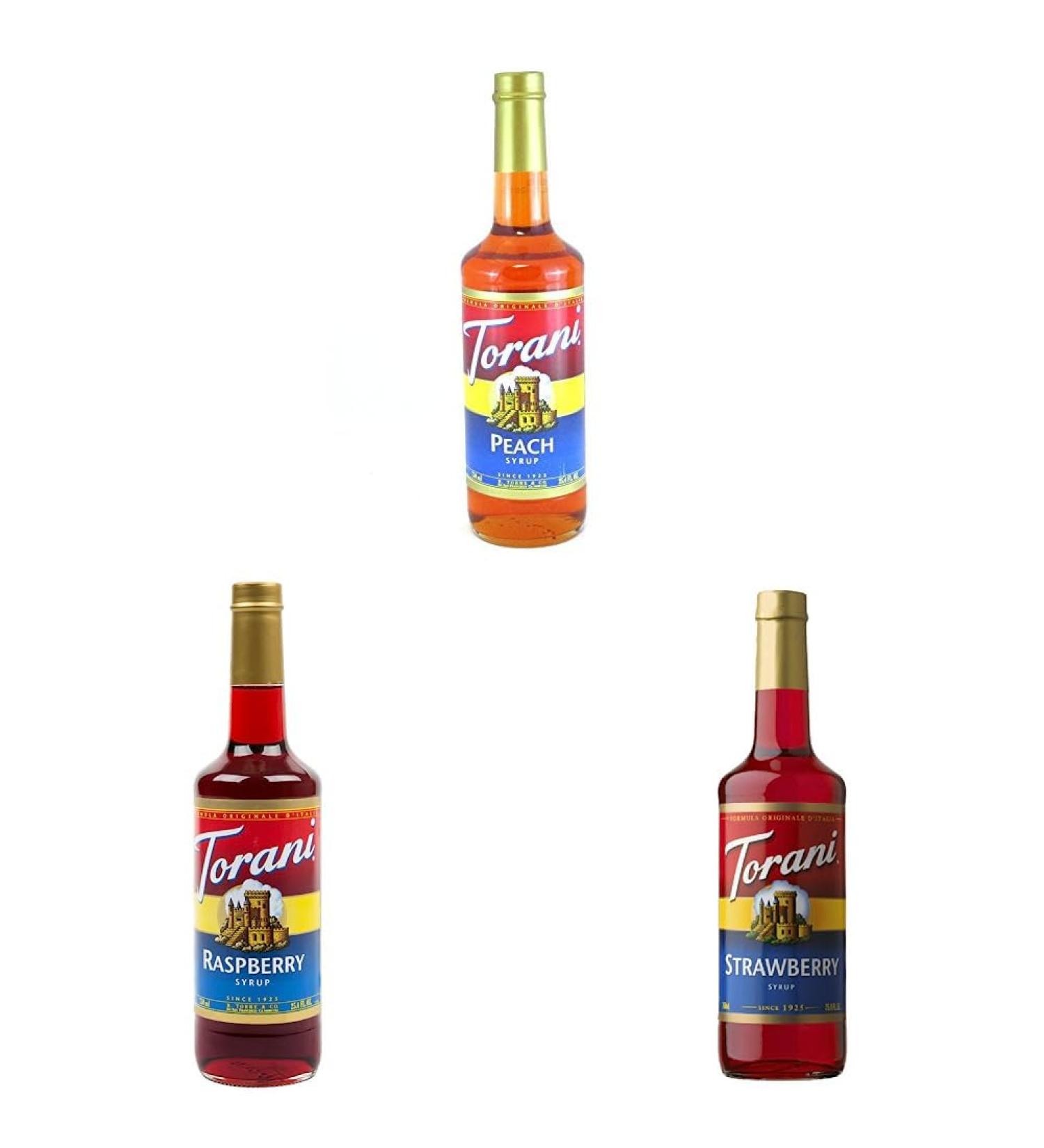 Torani Peach Flavor Syrup 750ml & Torani Red Raspberry Flavour Syrup 750 Milliliter & Torani C-34016 Syrup Strawberry 750 Milliliter (Pack of 1) Flavor Syrup+ Raspberry Syrup + Strawberry - Buy Online on GoSupps.com
