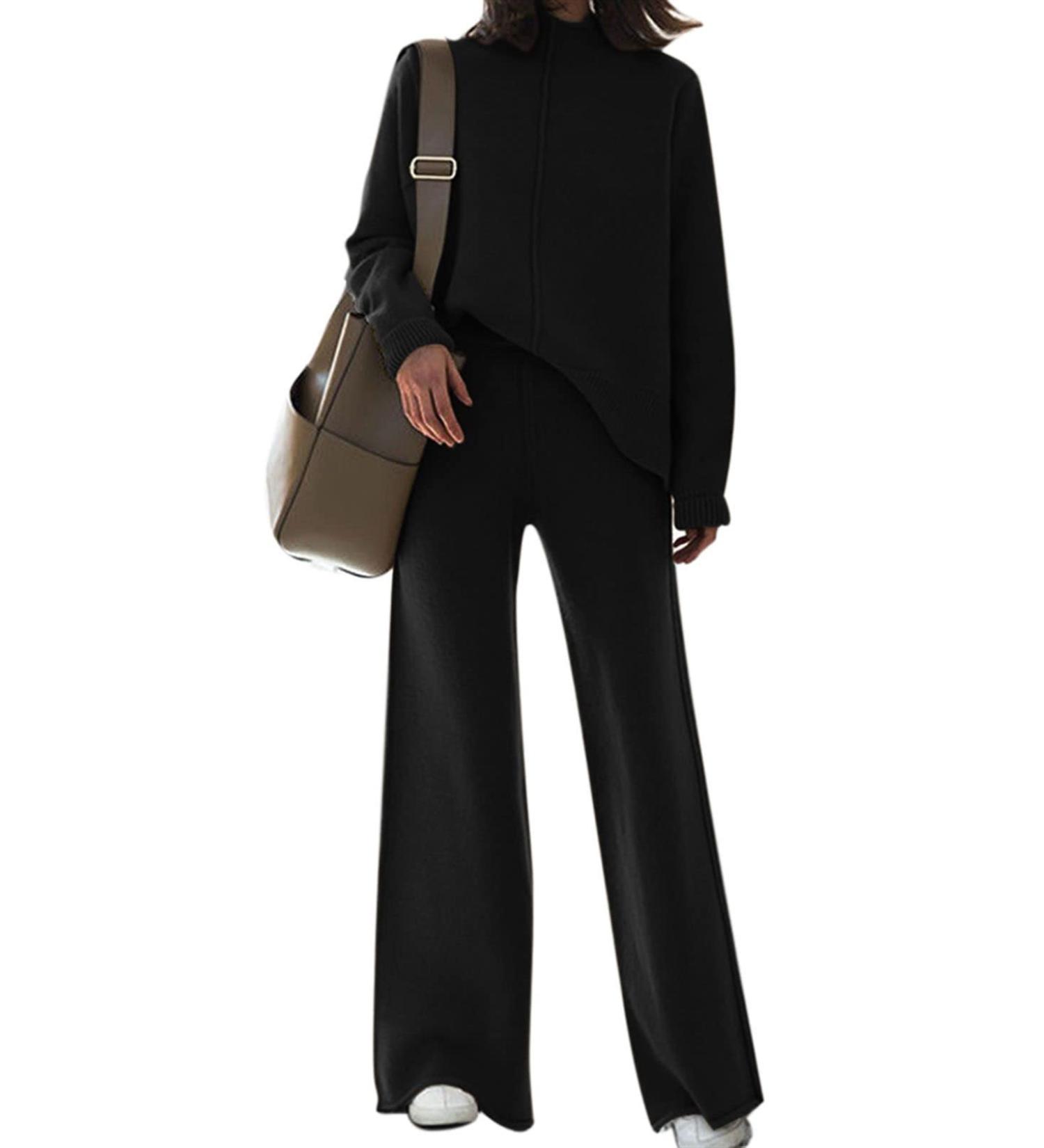 Fixmatti Women's Knitted High Neck Sweater Wide Leg Pant Set - Yy-black Large - Buy Online on GoSupps.com