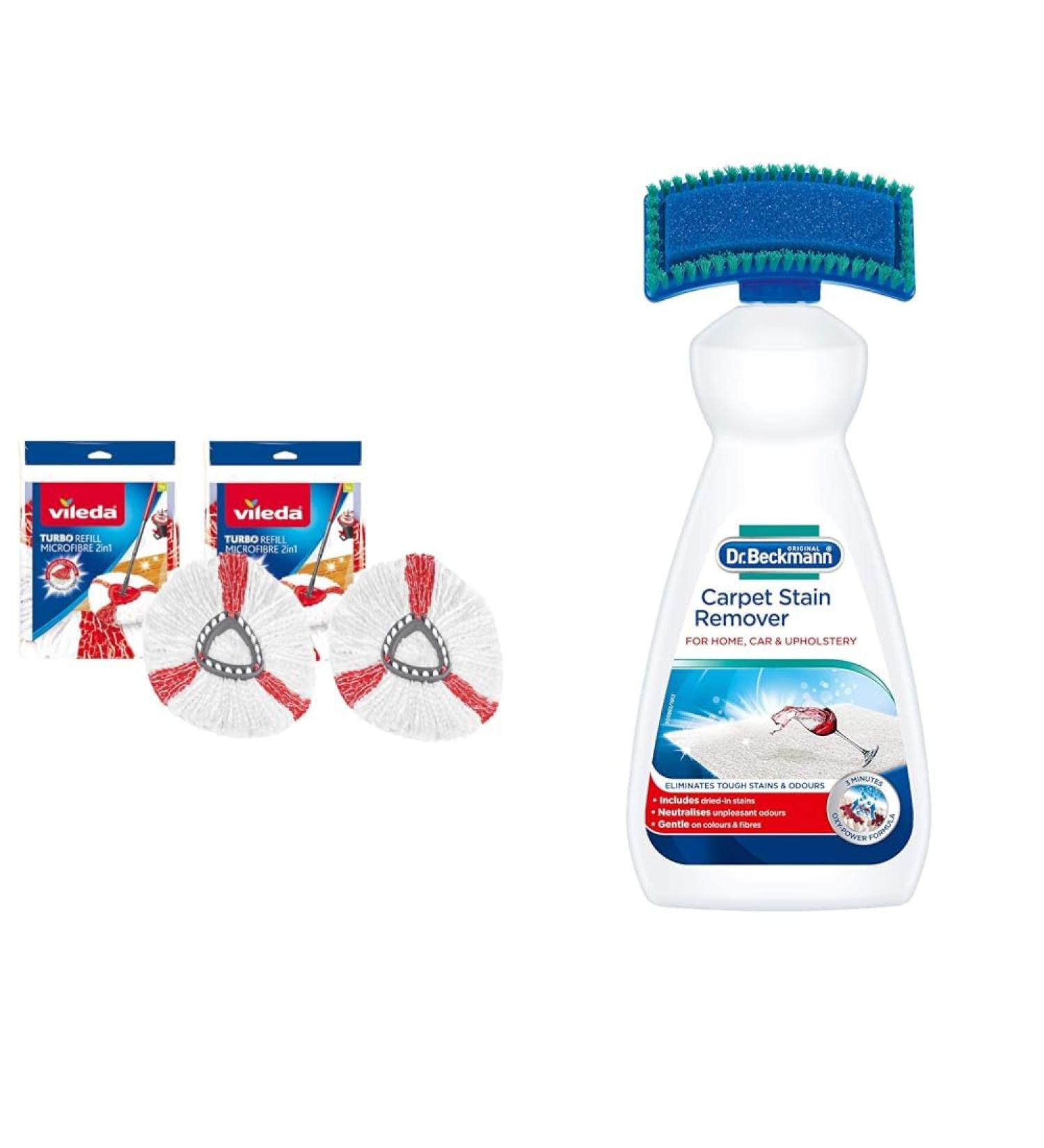 Vileda Turbo 2in1 Spin Mop Refill Pack of 2 Turbo 2in1 Mop Head Replacements & Dr. Beckmann Carpet Stain Remover | Removes New and Dried-in Stains | Includes Applicator Brush - Buy Online on GoSupps.com