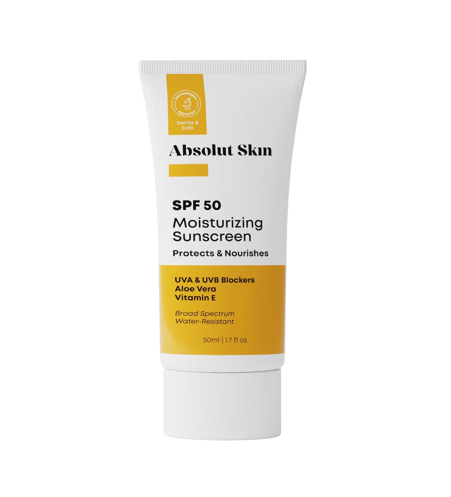 AbsolutSkin SPF 50 Moisturizing Sunscreen Lightweight Daily Face Sunscreen with Aloe & Vitamin E No White Cast 60ml - Buy Online on GoSupps.com