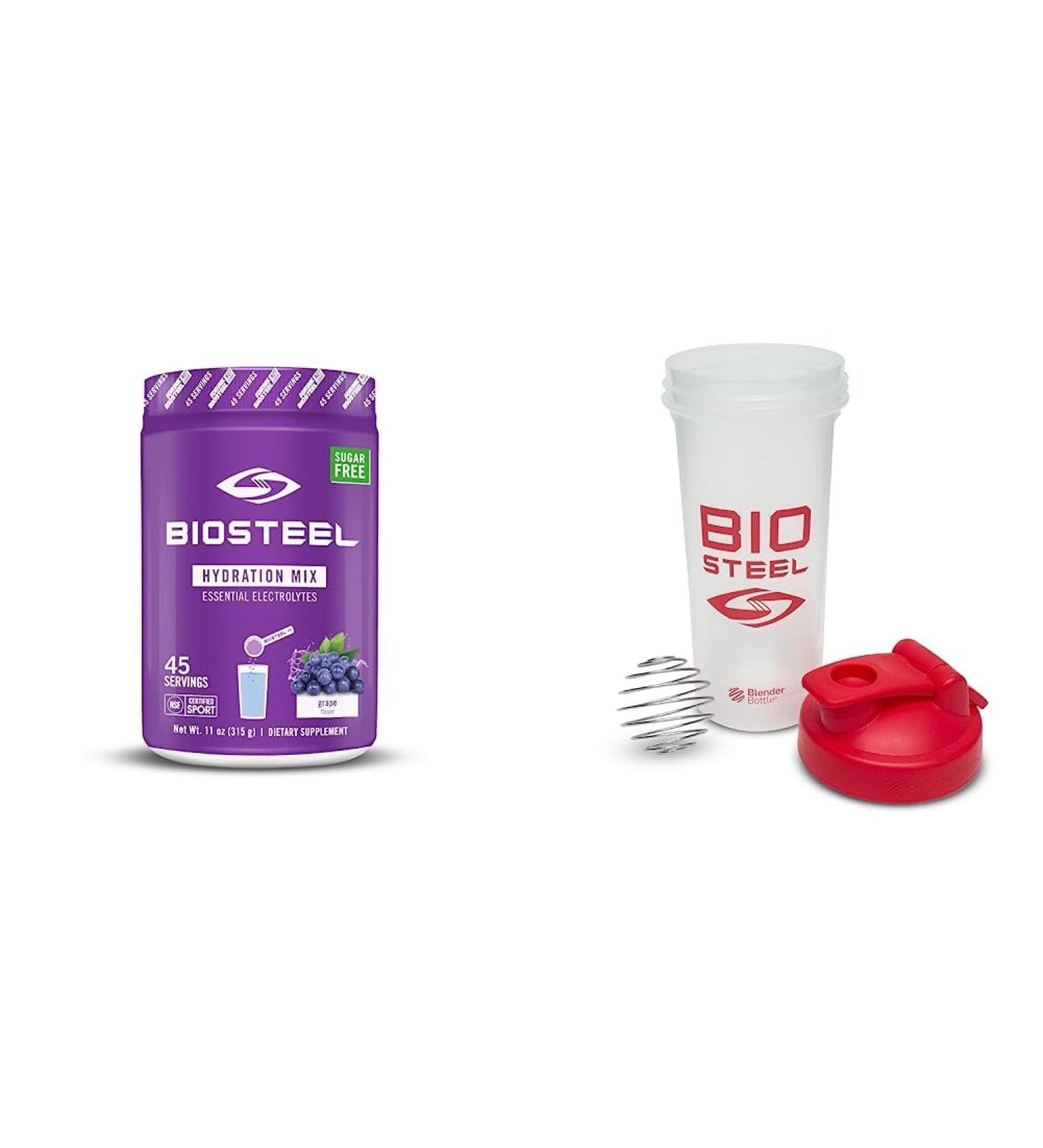 BioSteel Hydration Mix (Grape Flavour 45 Servings) + BioSteel Shaker Cup with Wire Whisk Blender Ball (24oz) 315 g (Pack of 1) Drink + Shaker Cup - Buy Online on GoSupps.com