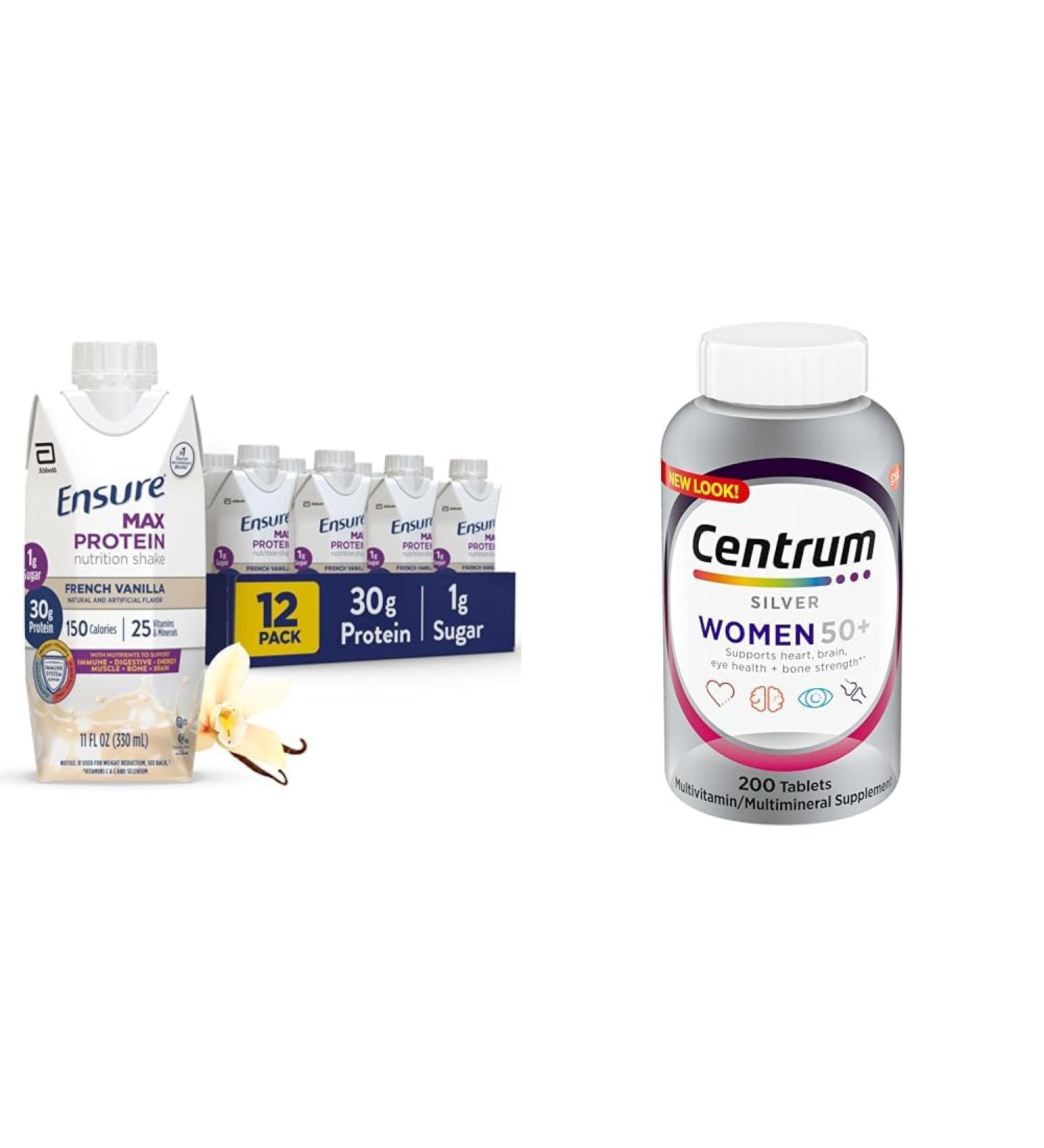 Ensure Max Protein Nutrition Shake with 30g Protein & Centrum Silver Women's Multivitamin for Women 50 Plus with Vitamin D3 200 Ct - Buy Online on GoSupps.com
