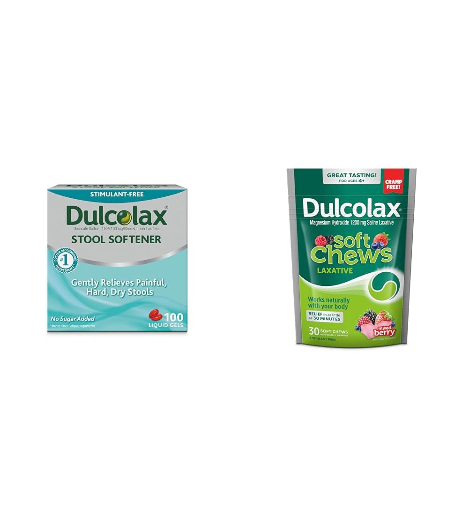 Dulcolax Stool Softener Laxative Gel Capsules (100ct) Soft Chews Saline Laxative Mixed Berry (30ct) Constipation Relief Bundle - Buy Online on GoSupps.com