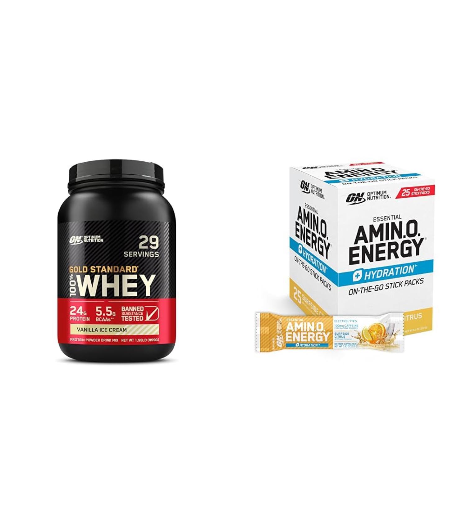 Optimum Nutrition Workout Bundle with Gold Standard 100% Whey Protein Powder Vanilla Ice Cream (29 Servings) and Amino Energy + Hydration Stick Packs Surfside Citrus (25 Servings)
