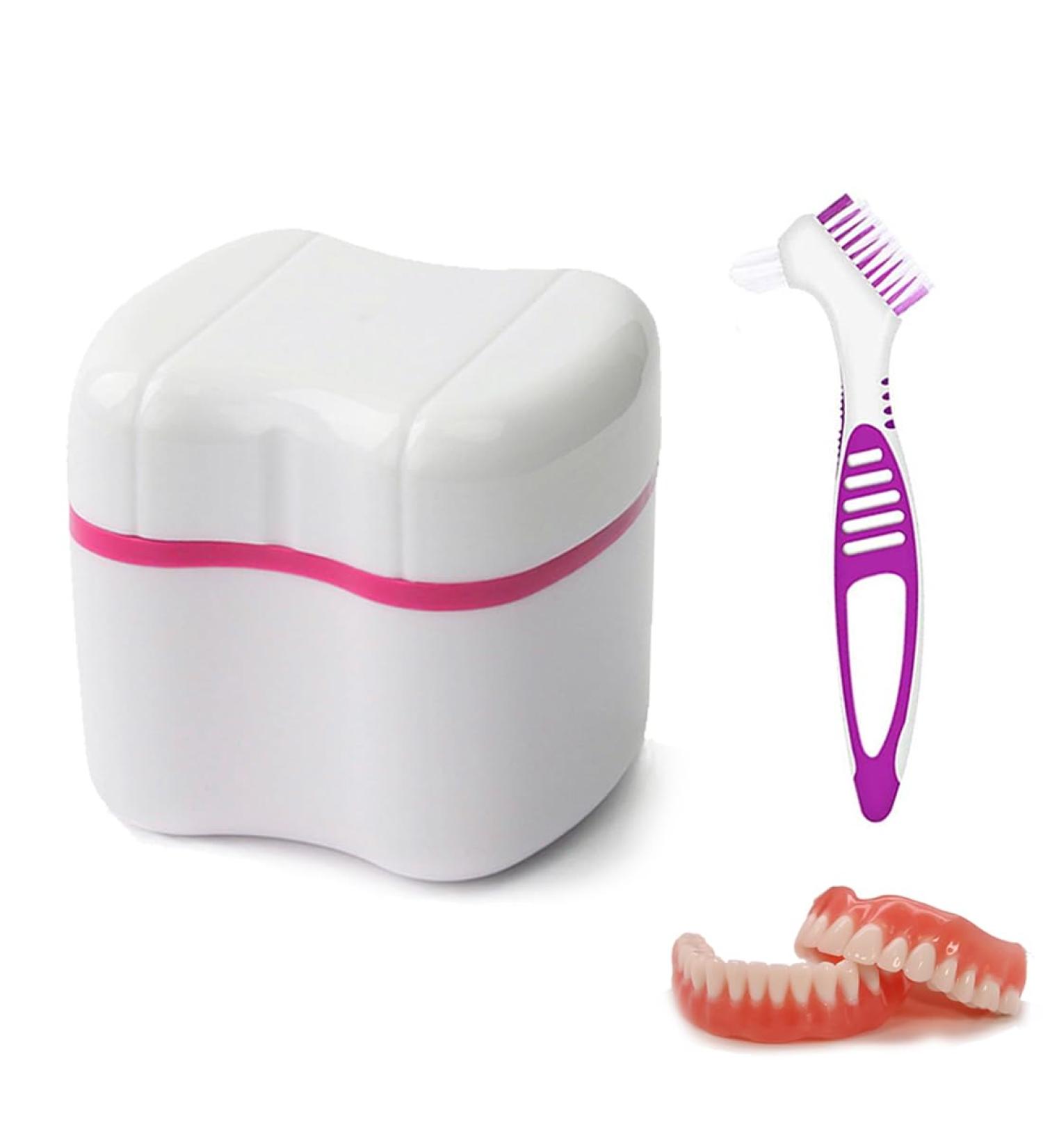 Buy Pink Press Storage Box for Prostheses & False Teeth Cleaning | Durable Prosthetic Container with Cleaning Brushes - Buy Online on GoSupps.com