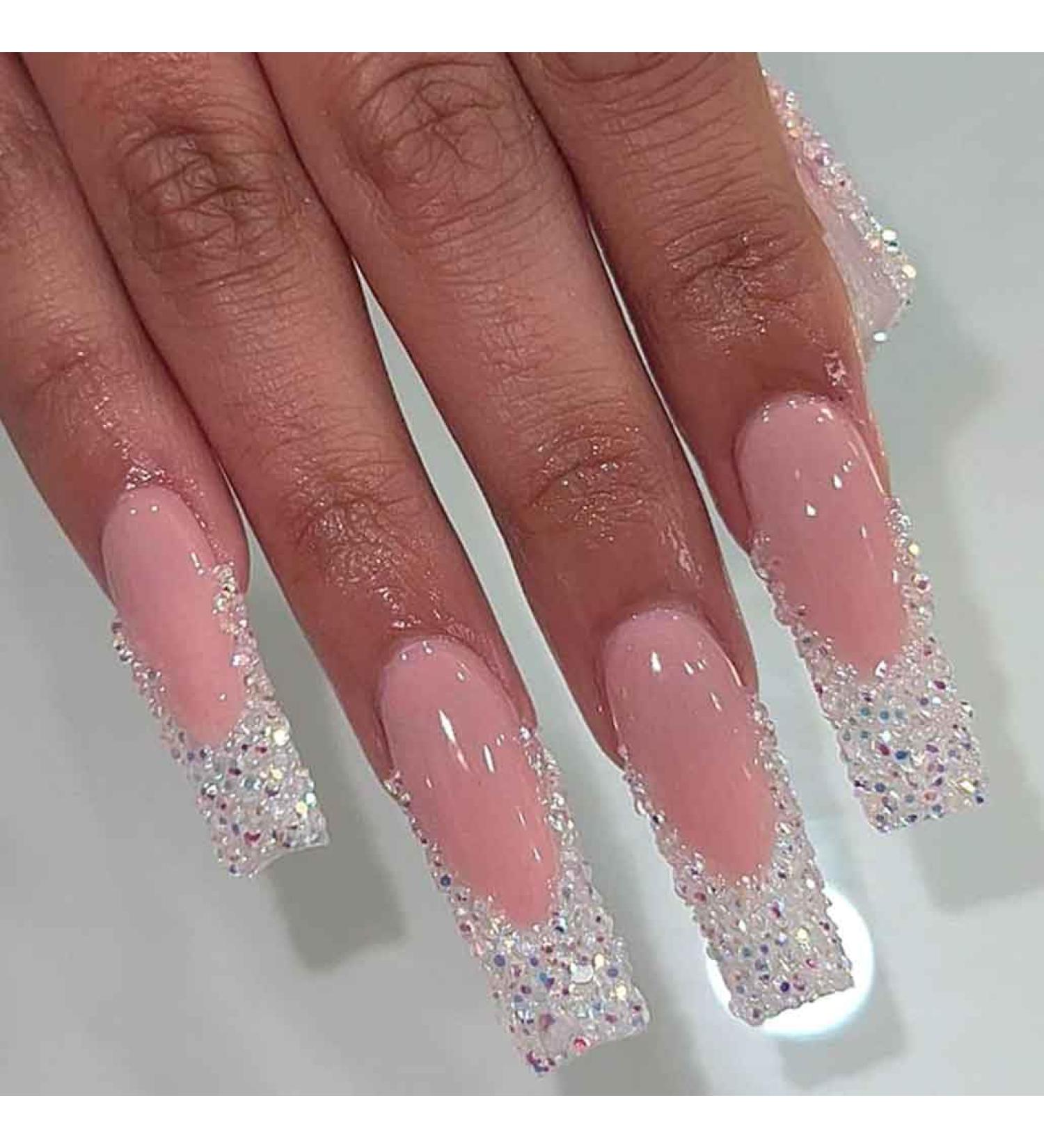 Foccna Square Press on Nails - 24pcs Long French Pink Acrylic False Nails for Women & Girls - Crystal Artificial Nail Art - Buy Online on GoSupps.com