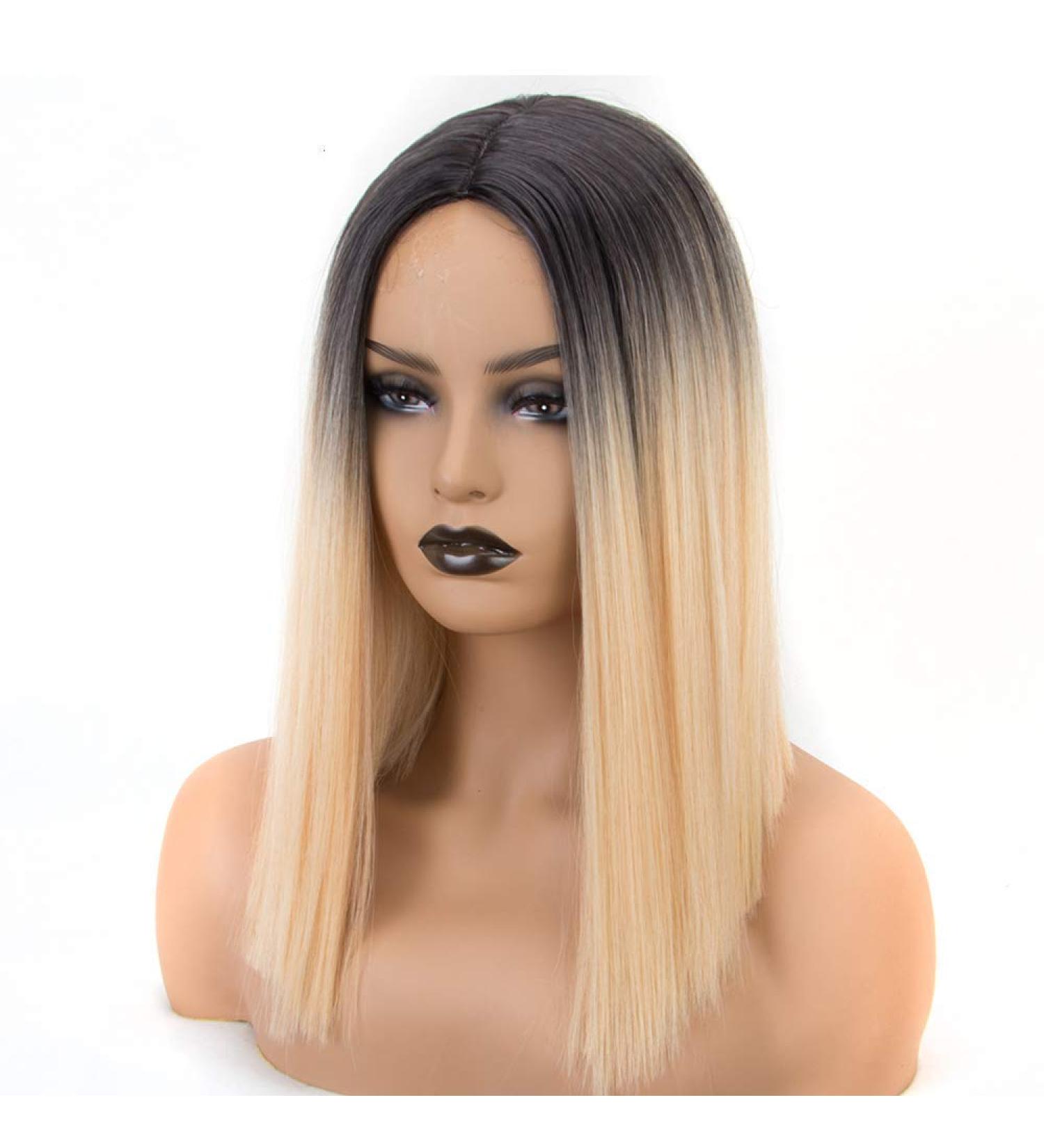 SHIYID Short Wig Wig with Dark Roots to Light Blonde Straight Synthetic Hair Wigs for Women Black Roots Heat Resistant Fiber