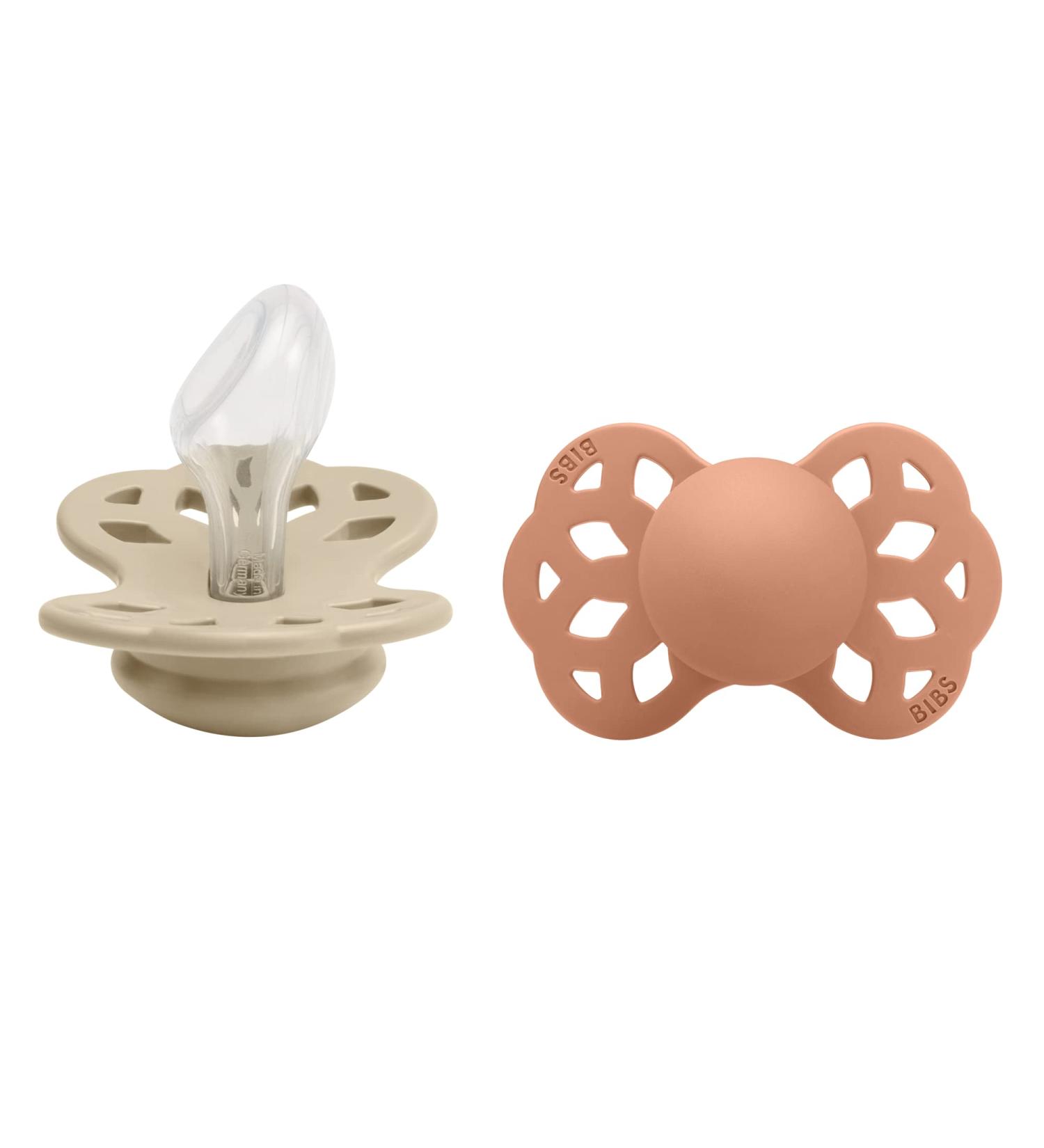 BIBS Infinity Collection Anatomical Nipple Pacifiers | BPA-Free | Made in Denmark | Set of 2 Vanilla/Peach | Size 6-18 Months - Buy Online on GoSupps.com